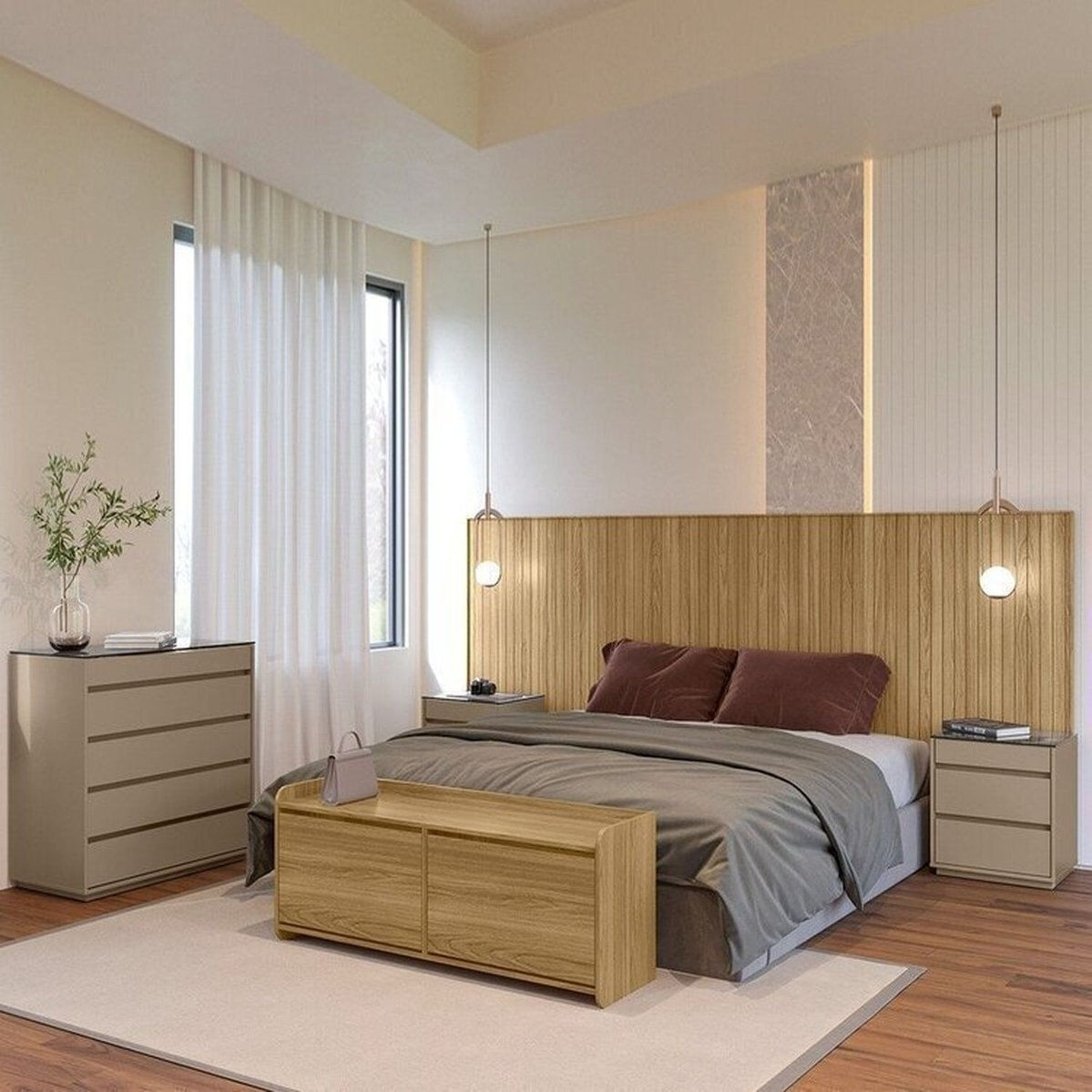 Conjunto Cabeceira Florença King/Casal - Cômoda + Mesas De Cabeceira+ Sapateira Hannover / Fendi