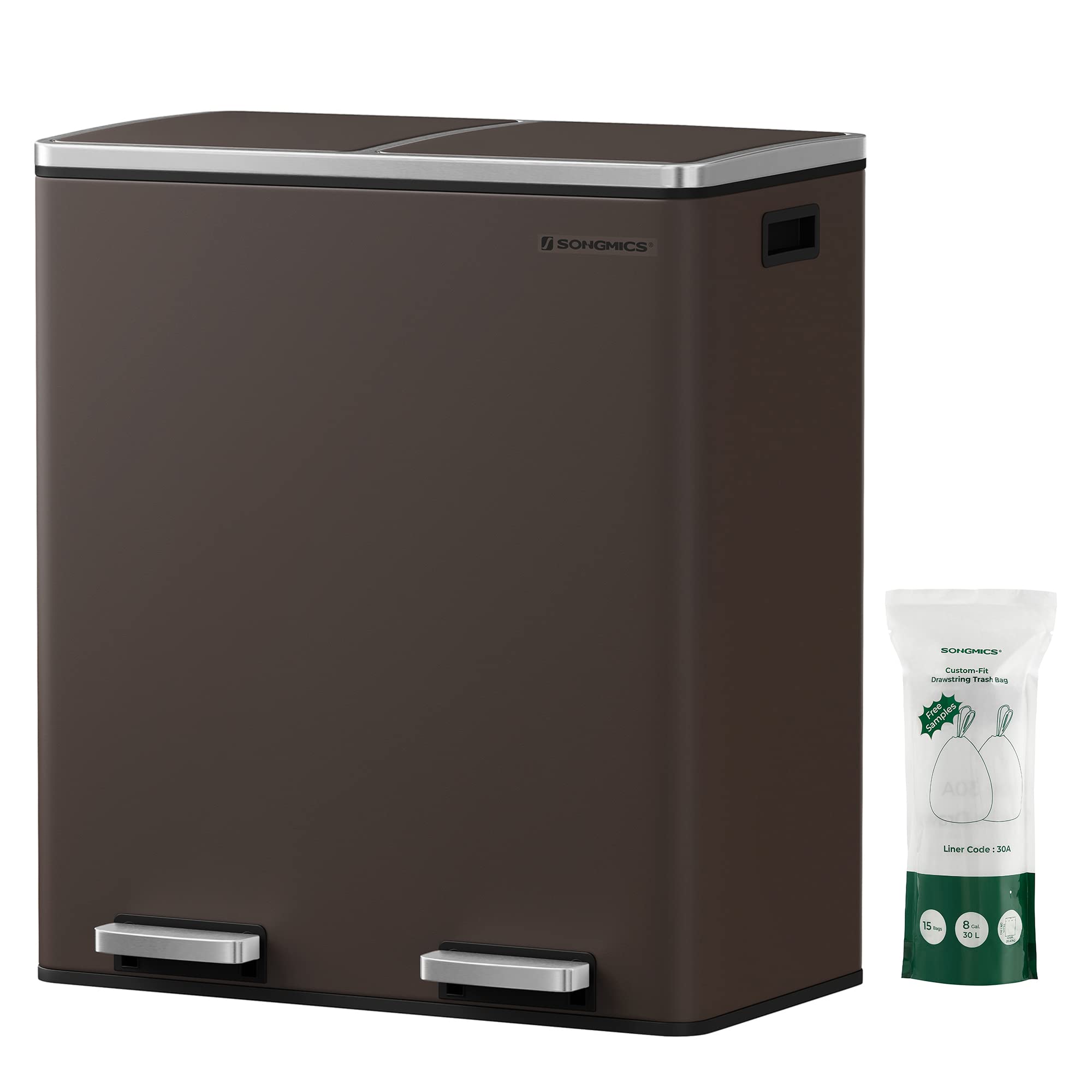 Lata De Lixo Songmics ULTB60BR 2 X 30L Com 15 Sacos De Lixo Marrons