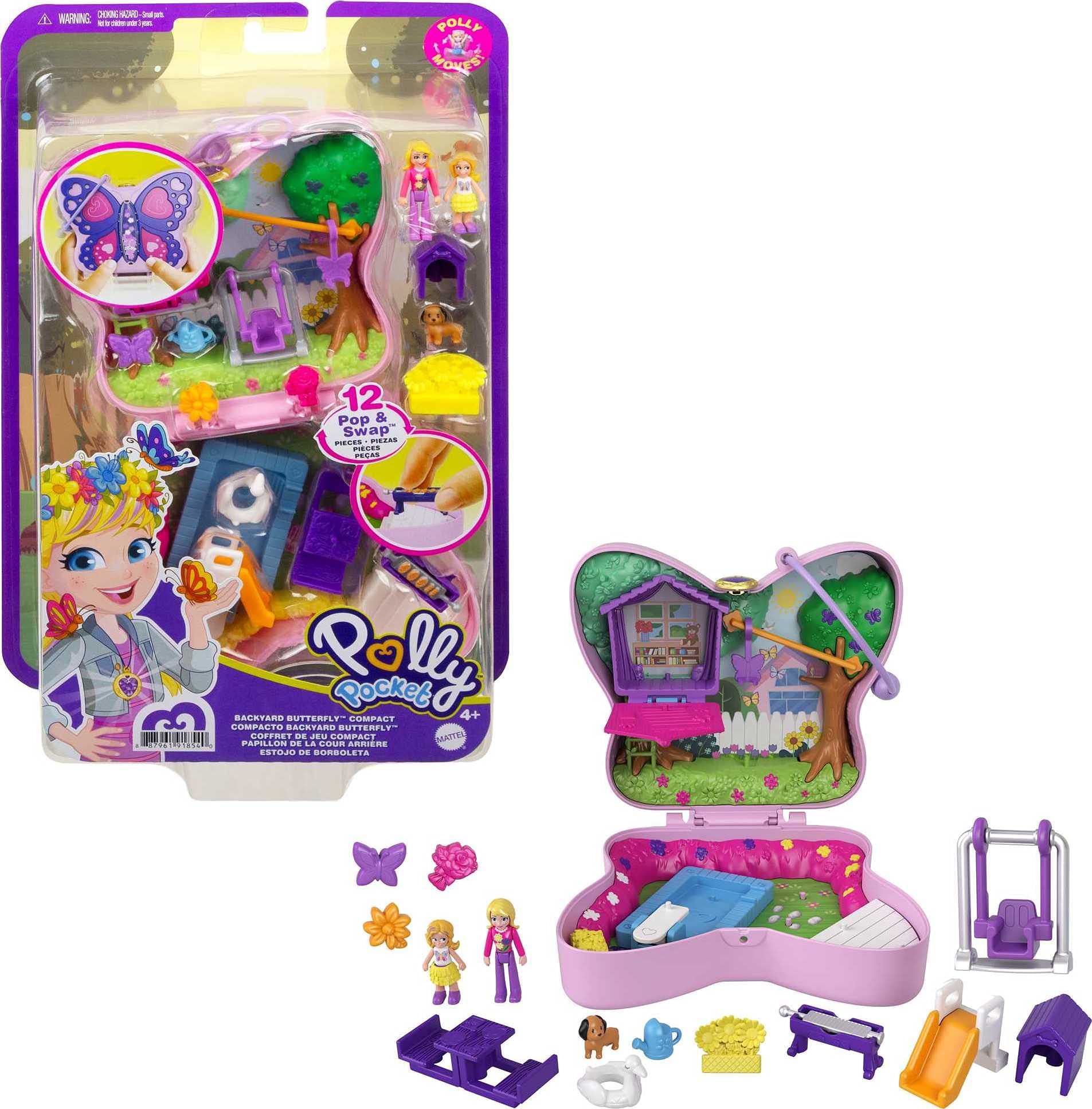 Polly Pocket Backyard Butterfly Compact, Tema Ao Ar Livre Com Micro Polly Doll, Polly's Mom Doll 5 Reveals &amp; 13 Acessórios, Pop &amp; Sw