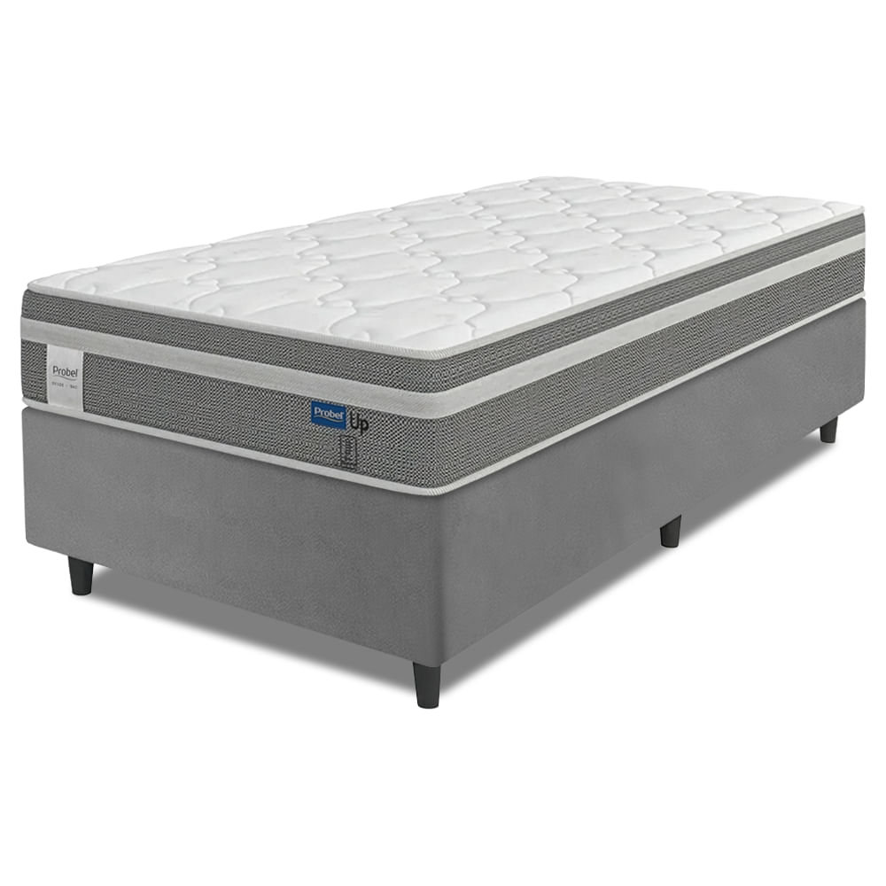 Cama Box Colchão Solteiro Molas Ensacadas Euro In Up 88x188x64cm Cinza / Branco Probel - Suporta Até 110kg Por Pessoa