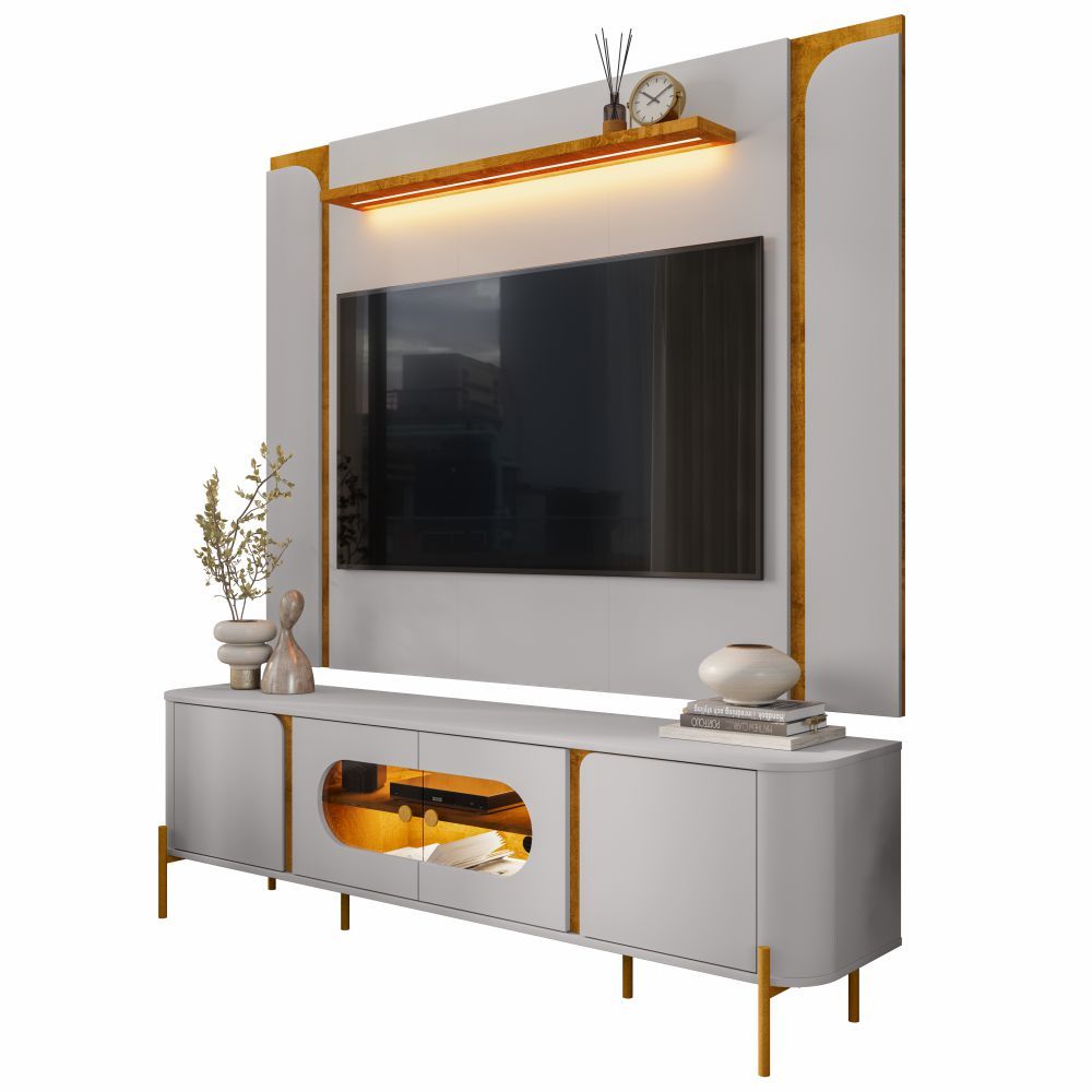 Painel Maresias Com Rack Juquehy Bechara Para Tv De 75 Polegadas Largura De 180 Cm Com Led E Pés Off White Naturale
