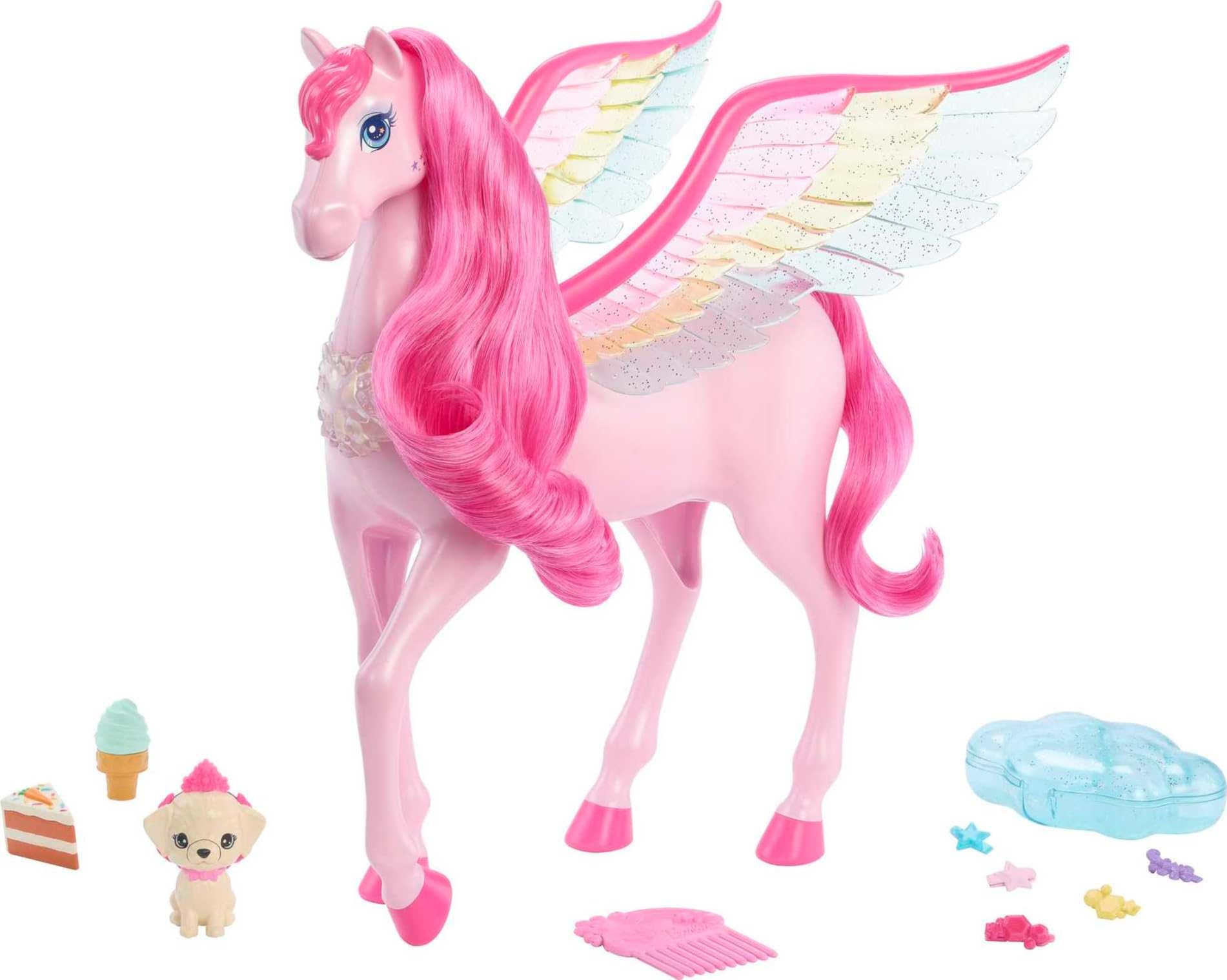 Boneca Barbie De Brinquedo Pegasus Pink Winged Horse Com 10 Acessórios
