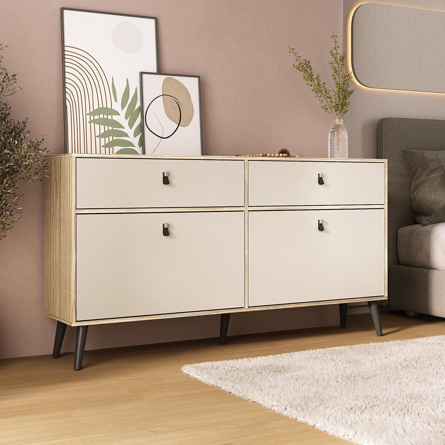 Cômoda Com Sapateira Dupla E Duas Gavetas Amendoa / Off White