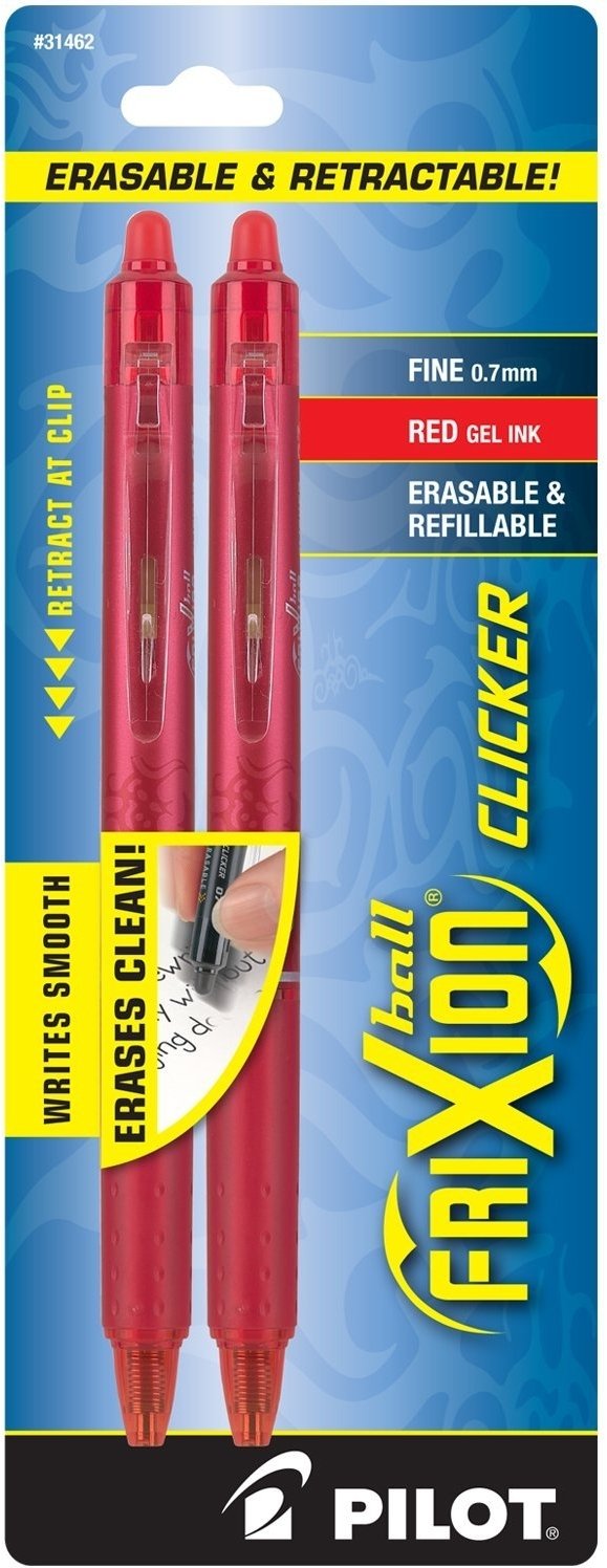 Canetas De Tinta Gel Pilot Frixion Clicker Fine Point Red, Pacote Com 2
