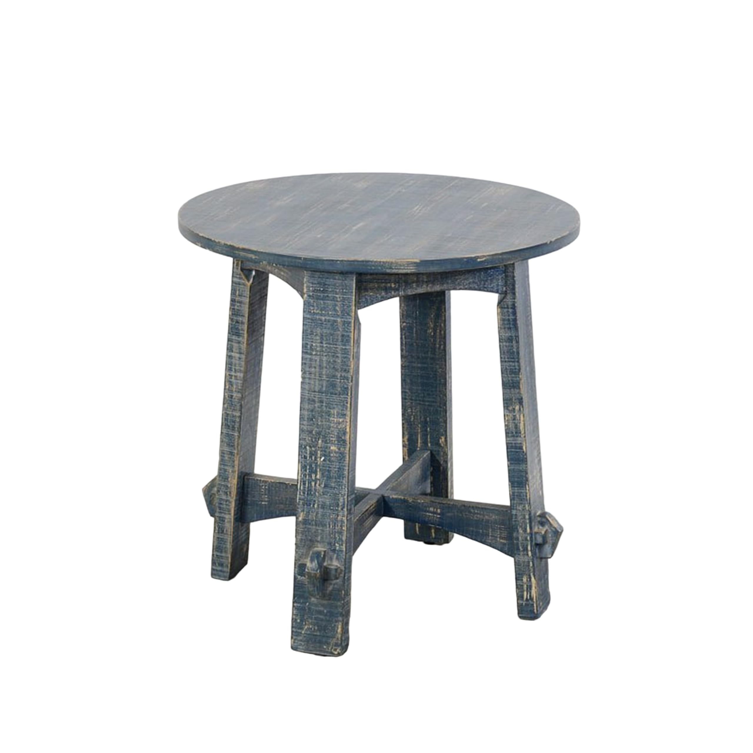 Mesa Auxiliar Lateral Benzara Rena Con Tapa Redonda De 60 Cm, Madera Rústica Azul