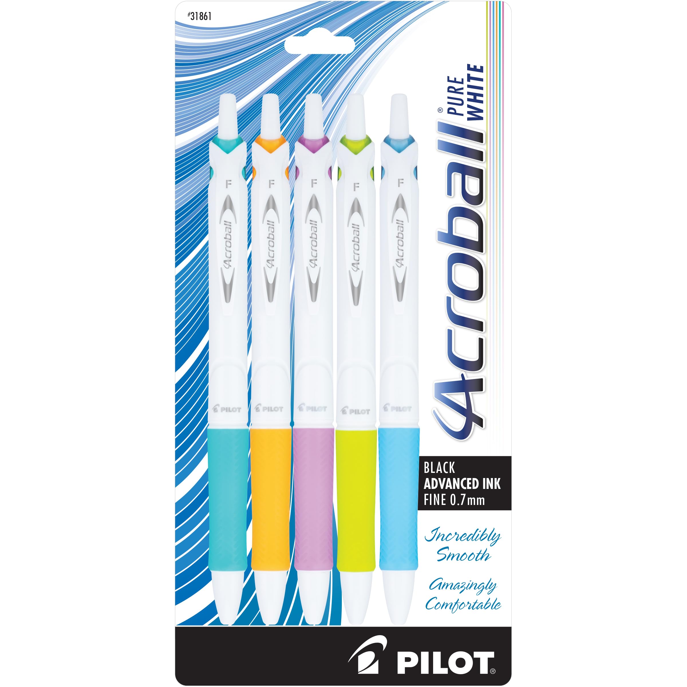 Canetas Esferográficas Pilot Acroball Purewhite Black Ink, Pacote Com 5