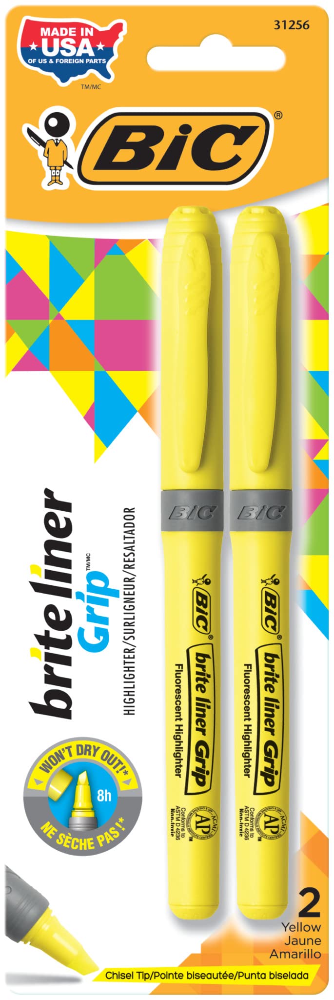 Highlighters Bic Brite Liner Grip Chisel Tip 1,6 Mm Amarelo, Pacote Com 2