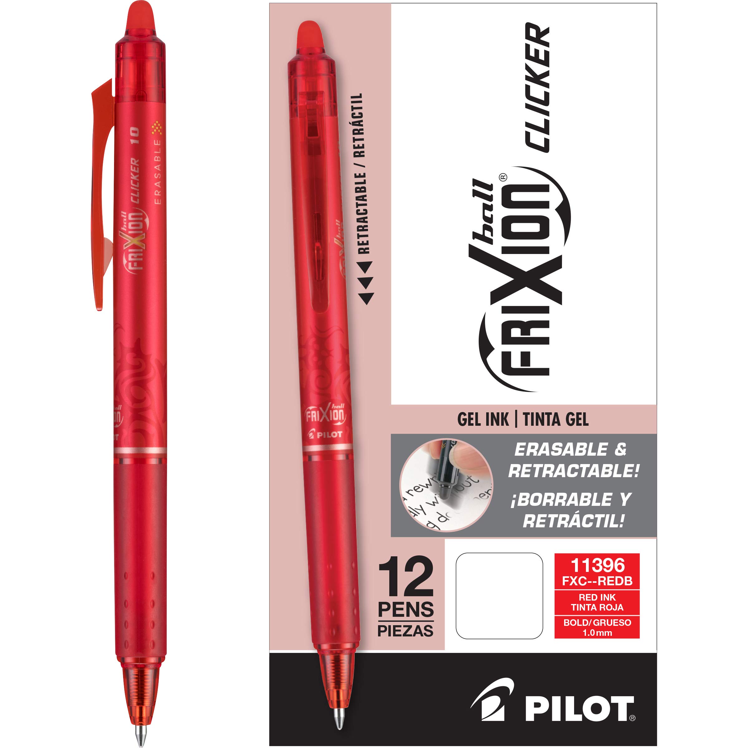 Canetas De Gel Pilot Frixion Clicker, 1 Mm, Vermelho Forte, Pacote Com 12