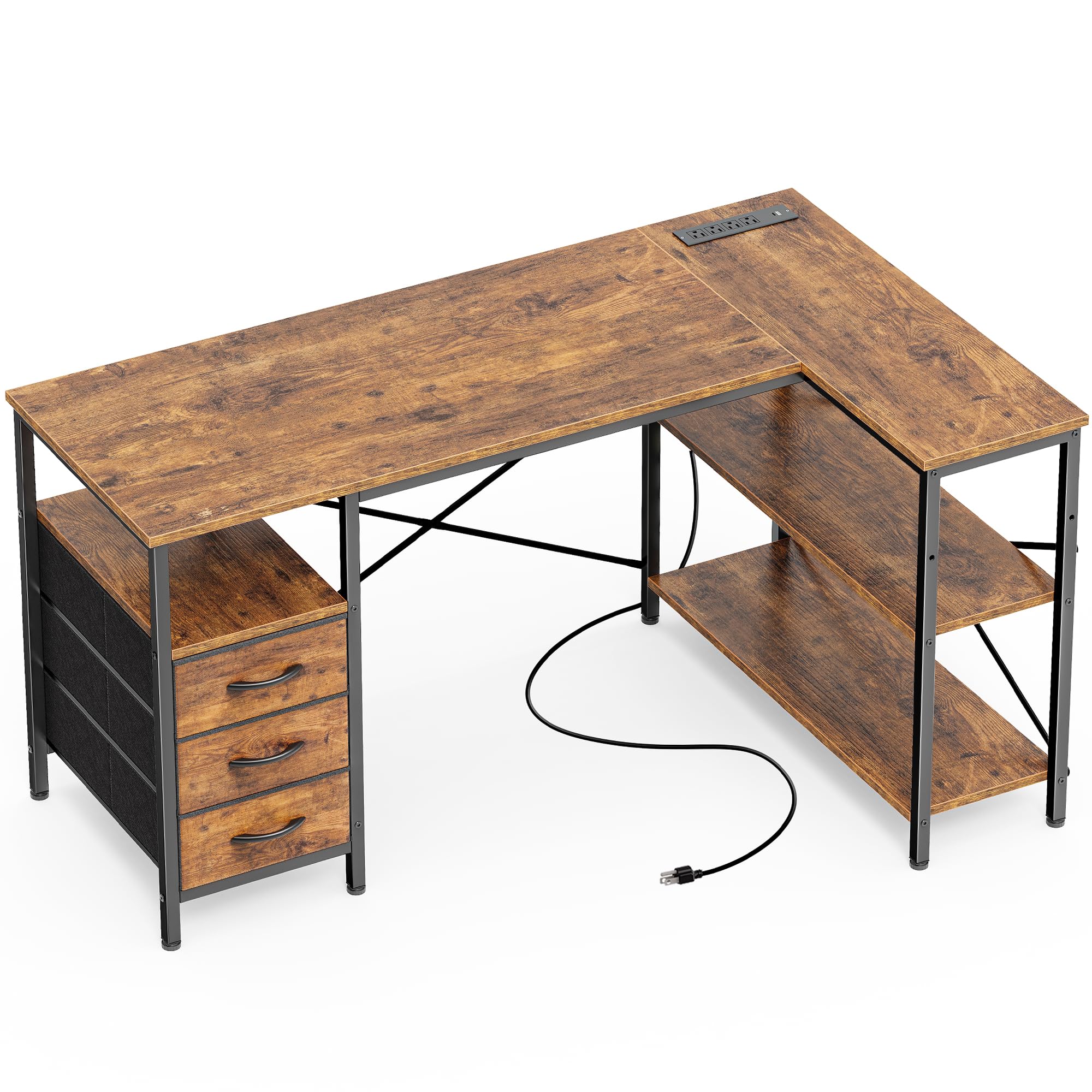Mesa Huuger Em Forma De L Com Tomadas Elétricas, 3 Gavetas Rústicas De 120 Cm