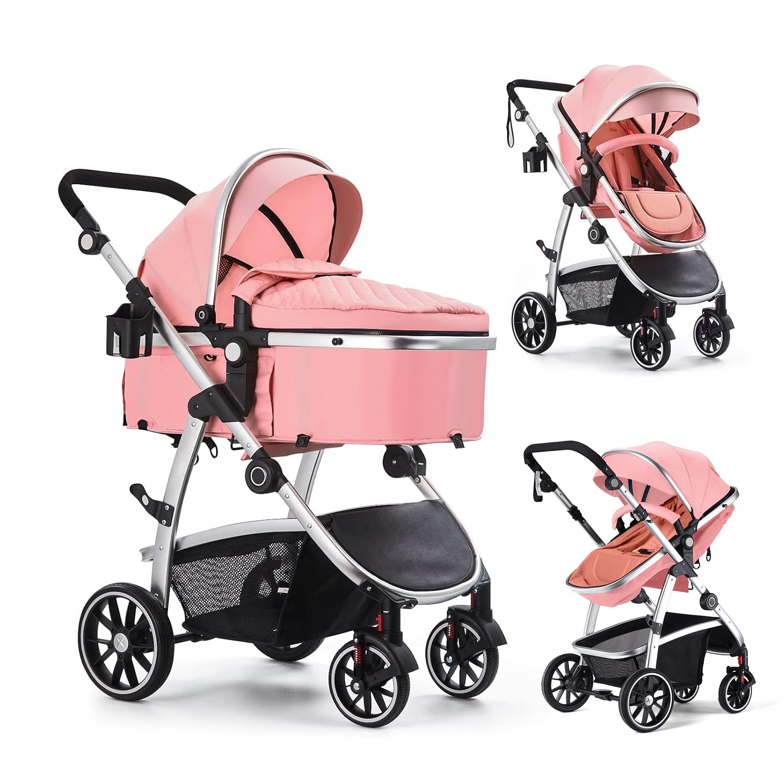 Carrinho De Bebê Hagaday 2 Em 1 Reversível Com Berço Rosa