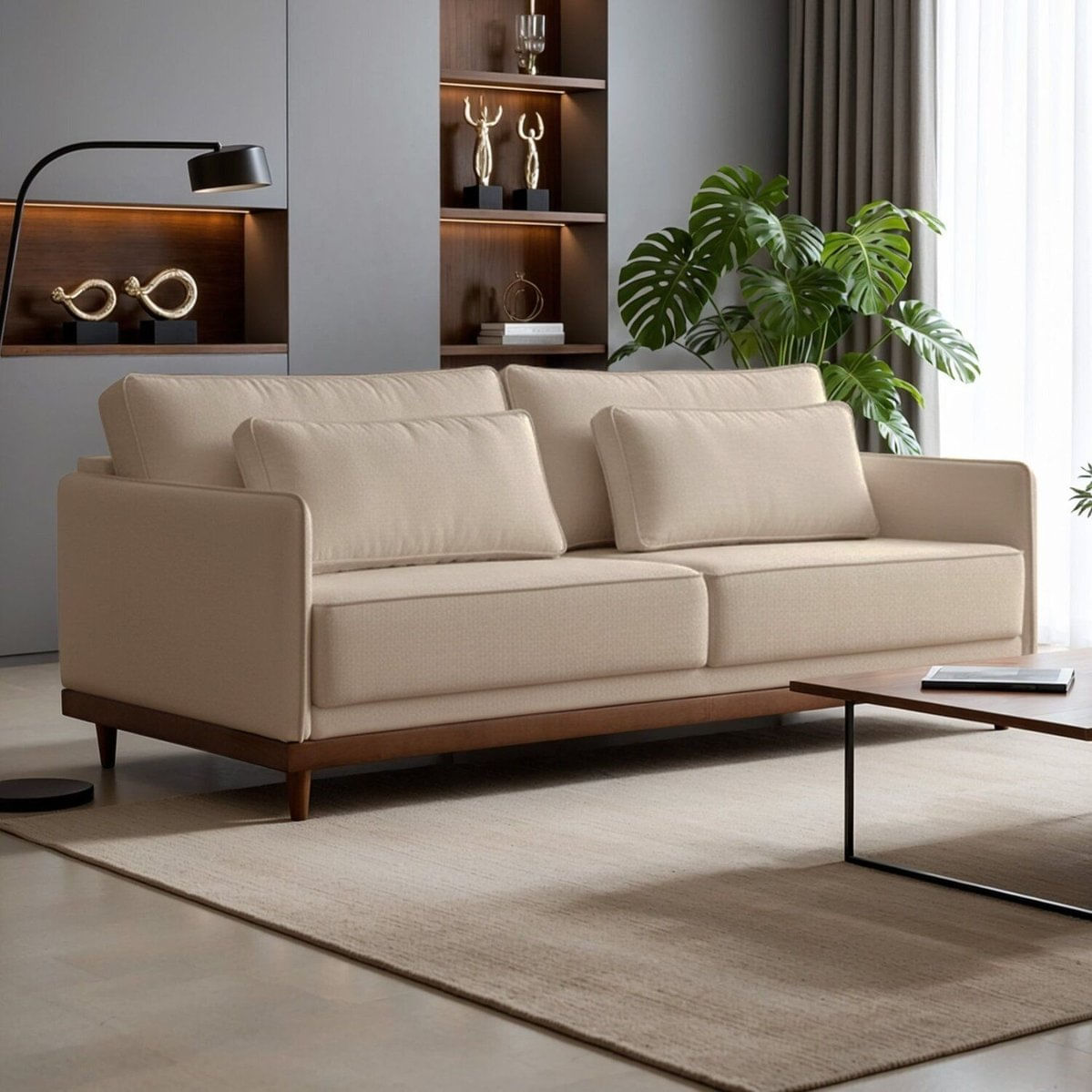 Sofá 2 Lugares Base Em Madeira Maciça Artheus Bege