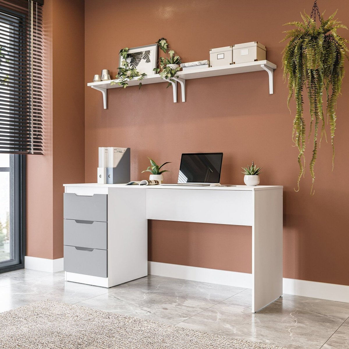 Escrivaninha Para Escritório 3 Gavetas Madrid Cinza/Branco