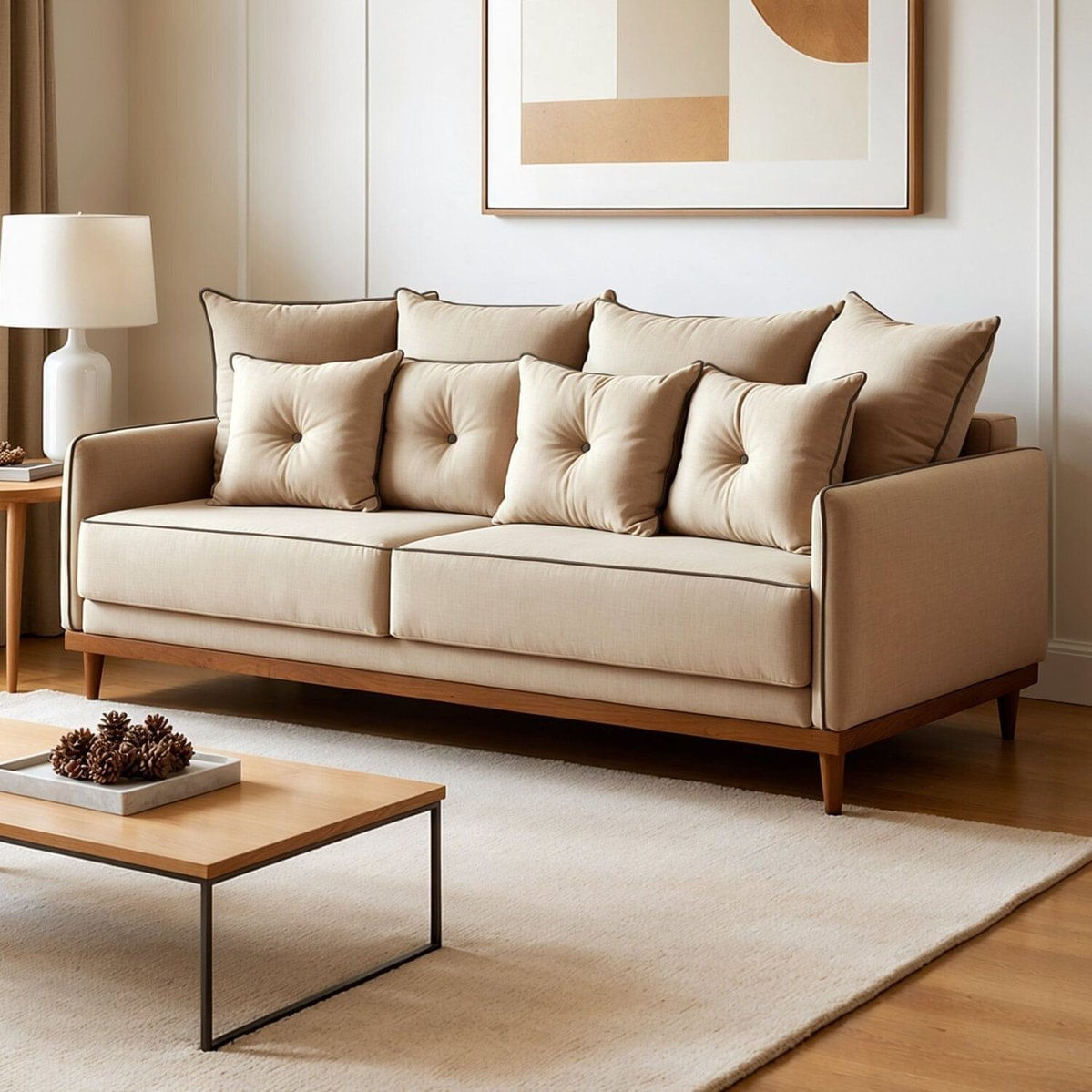 Sofá 2 Lugares Base Em Madeira Maciça Athena Bege