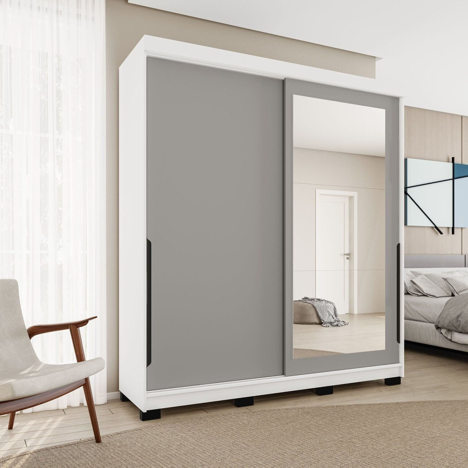 Guarda-Roupa 2 Portas Correr Com Espelho Madrid Cinza/Branco