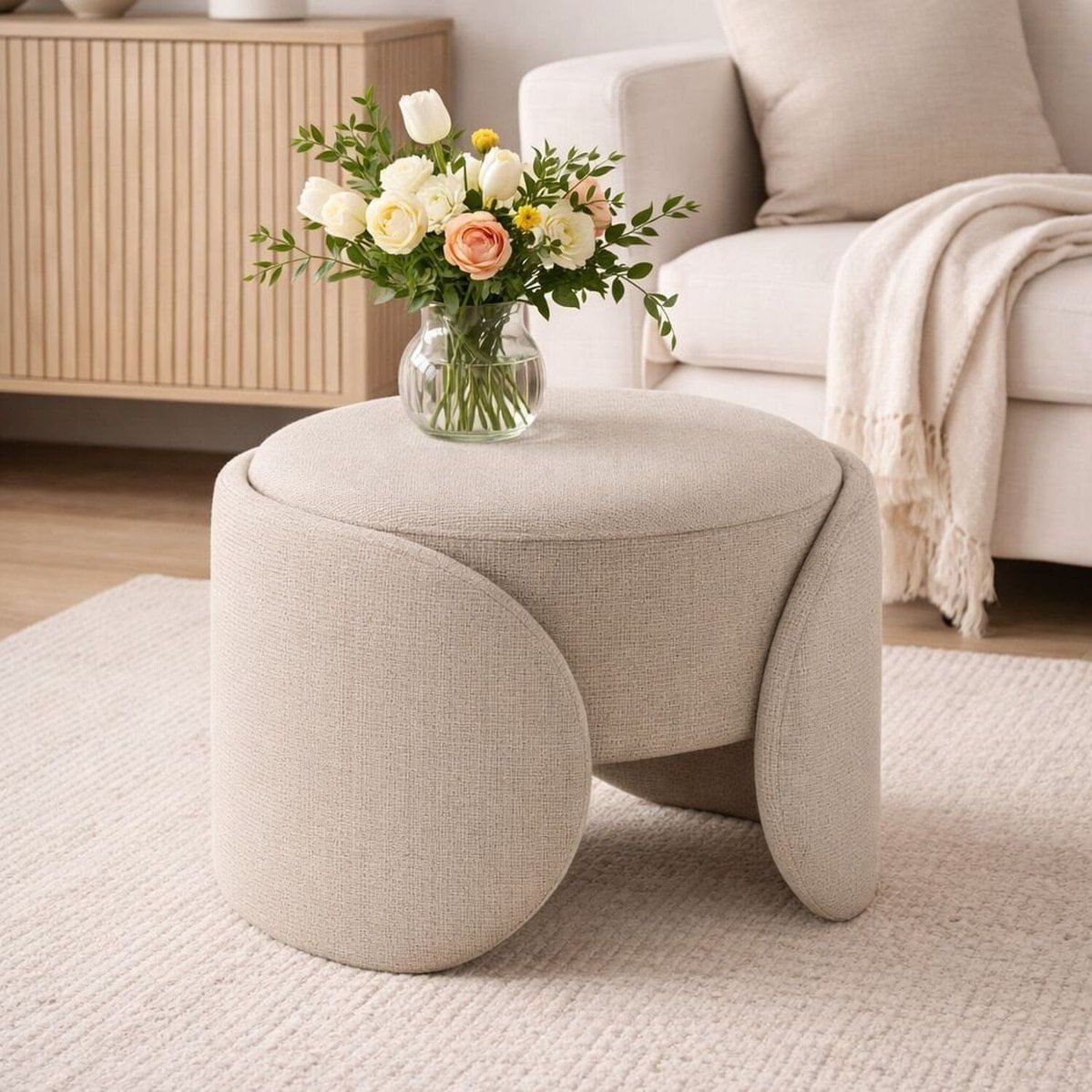 Puff Para Sala De Estar Em Linho Bello Bege