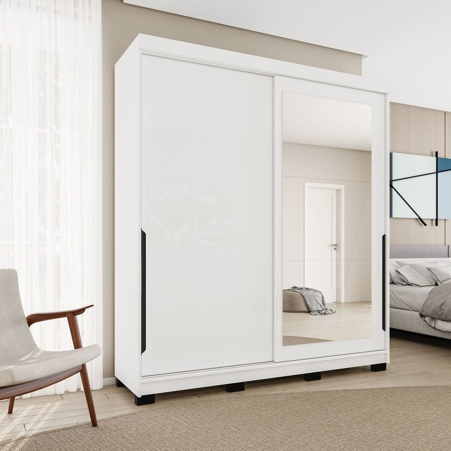 Guarda-Roupa Casal 2 Portas Correr Com Espelho Madrid Branco