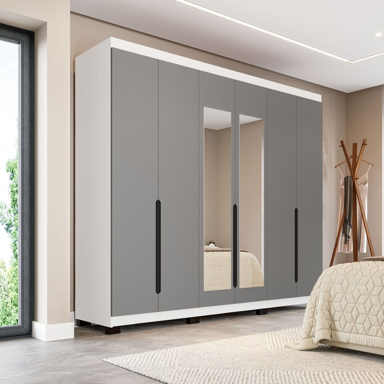 Guarda-Roupa Casal 6 Portas Com Espelho Madrid Cinza/Branco
