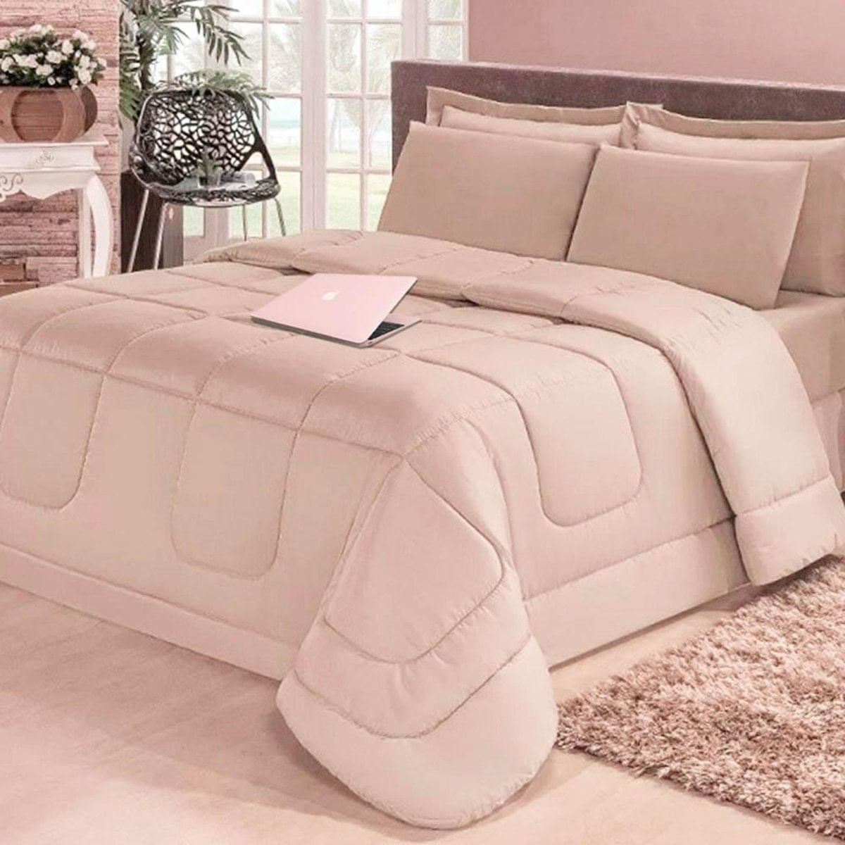 Kit 6 Pçs com Edredom/Cobertor e Lençol Aconchego Casa Dona Bege