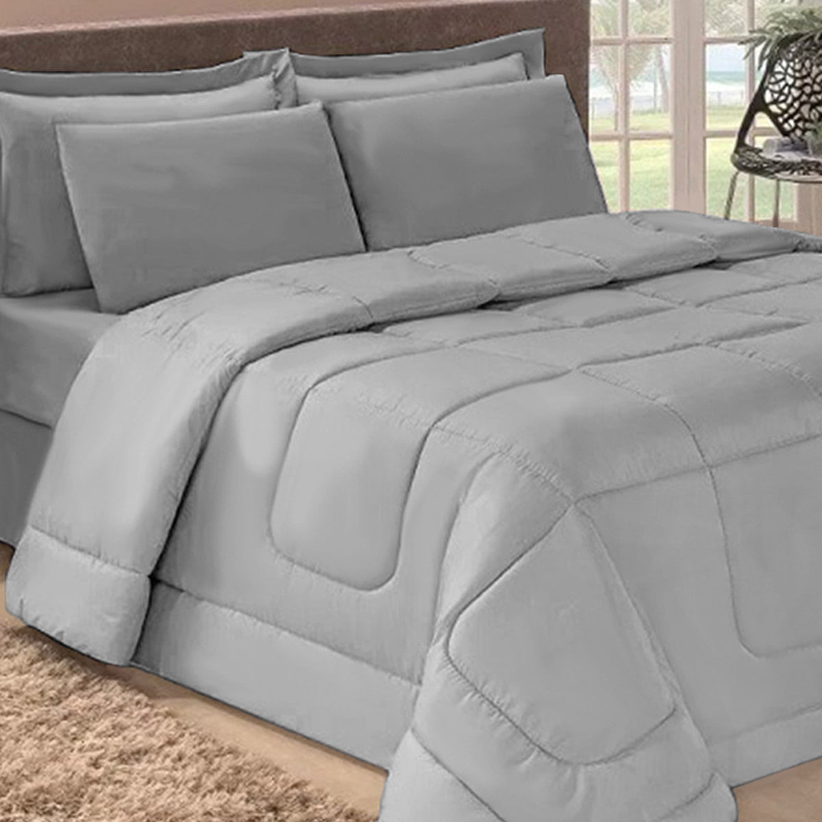 Kit com 6 peças Edredom Soft Casa Dona Casal Cinza