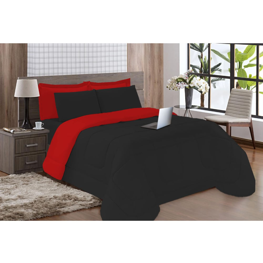 Kit 5 Pçs Aconchego Dupla Face Queen Preto E Vermelho
