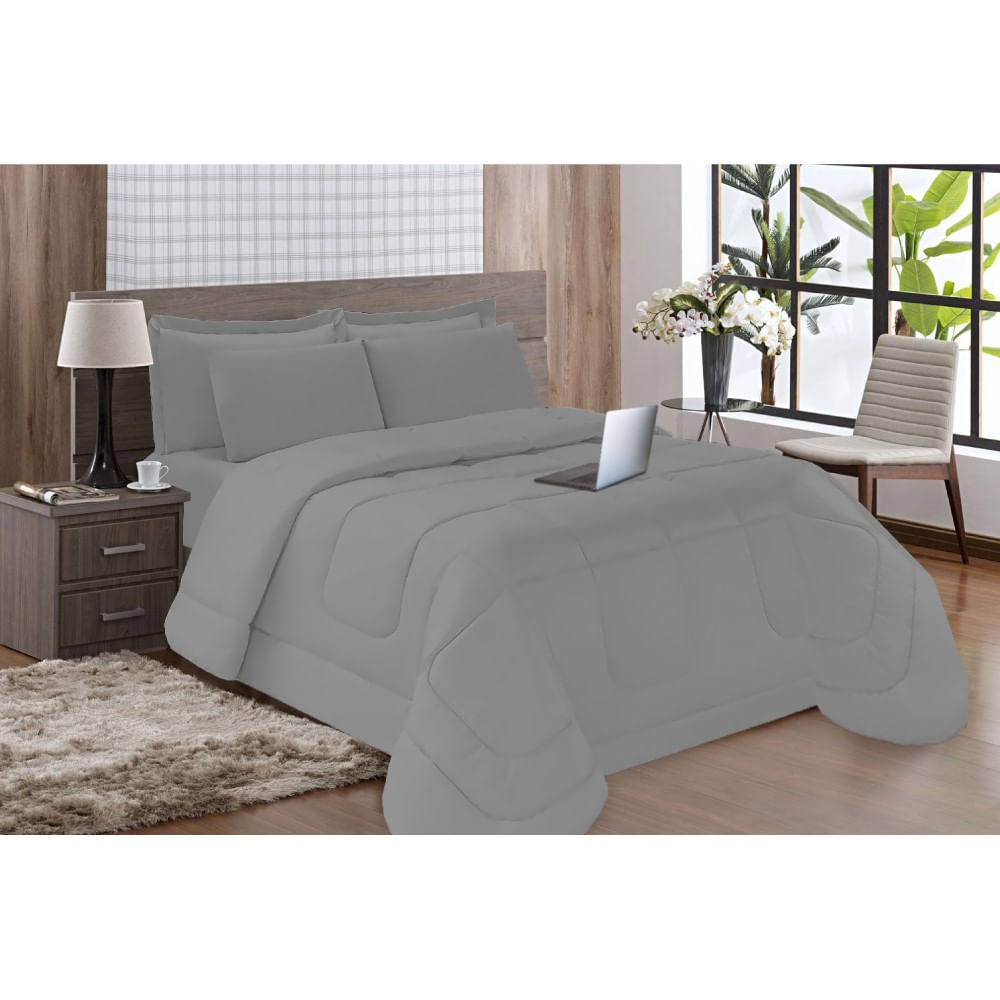 Kit 3 Pçs Aconchego Dupla Face Casal Queen Cinza