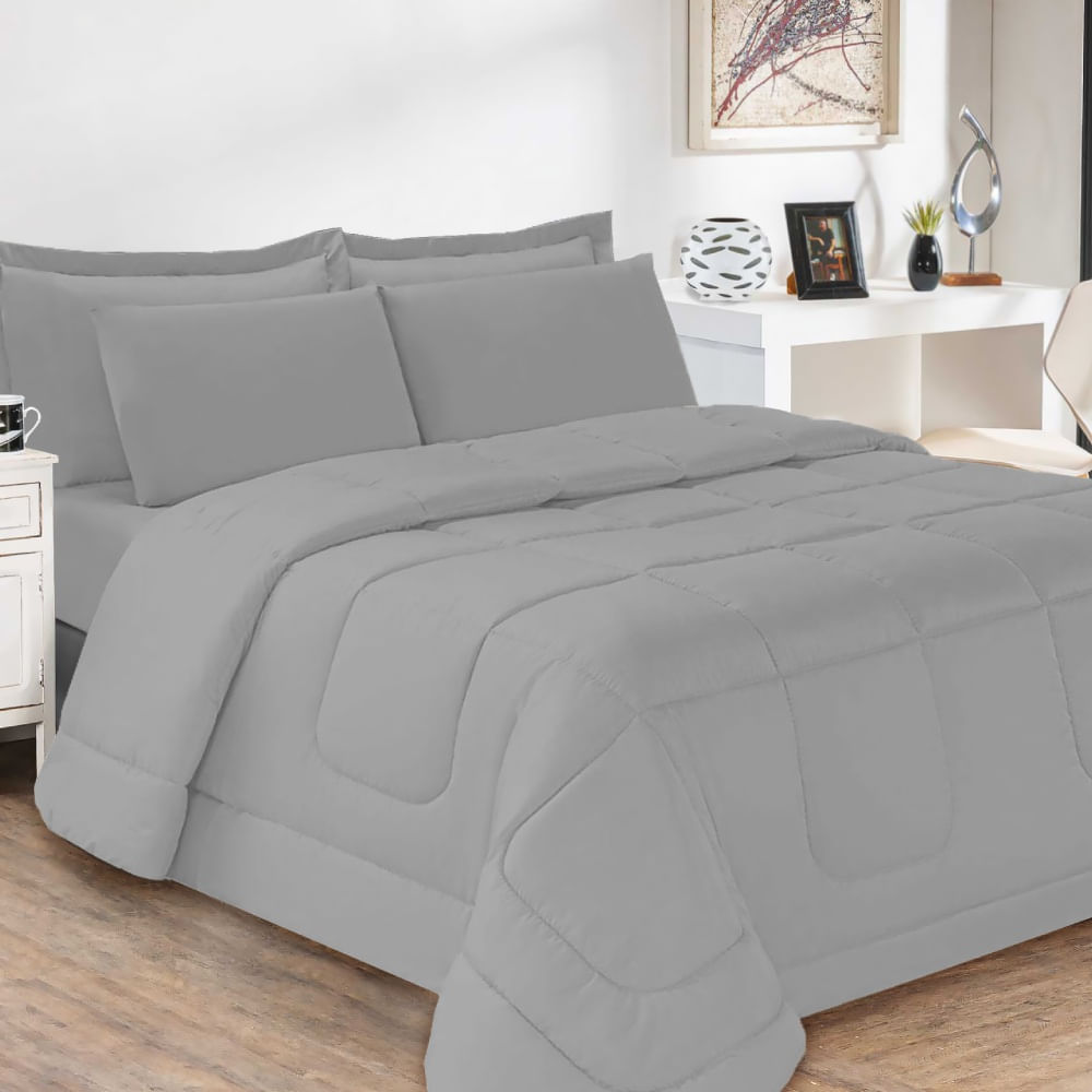 Kit 5 Pçs Aconchego Dupla Face Queen Cinza