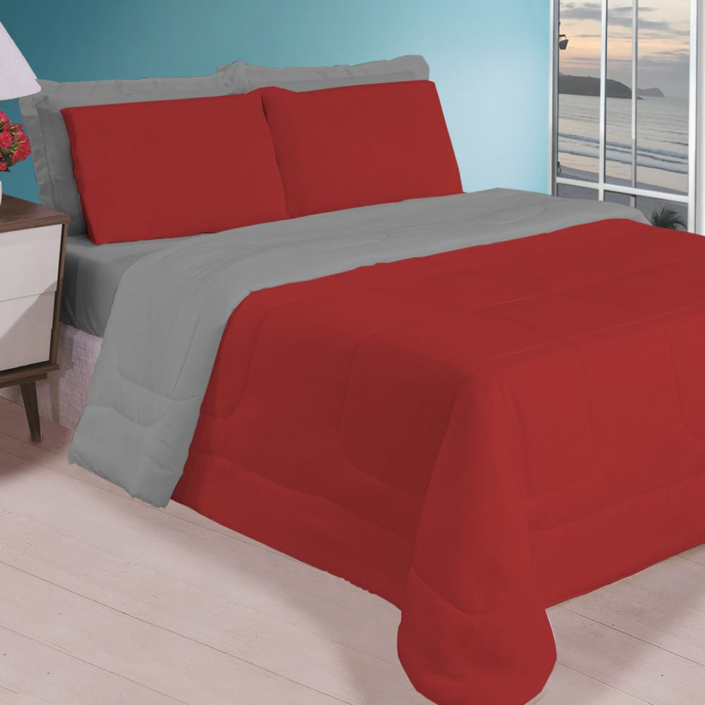 Kit 6 Pçs Aconchego Dupla Face Casal Queen Vermelho E Cinza