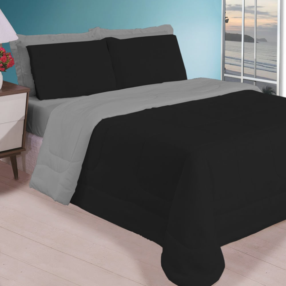 Kit 6 Pcs Aconchego Casal Queen Preta E Cinza