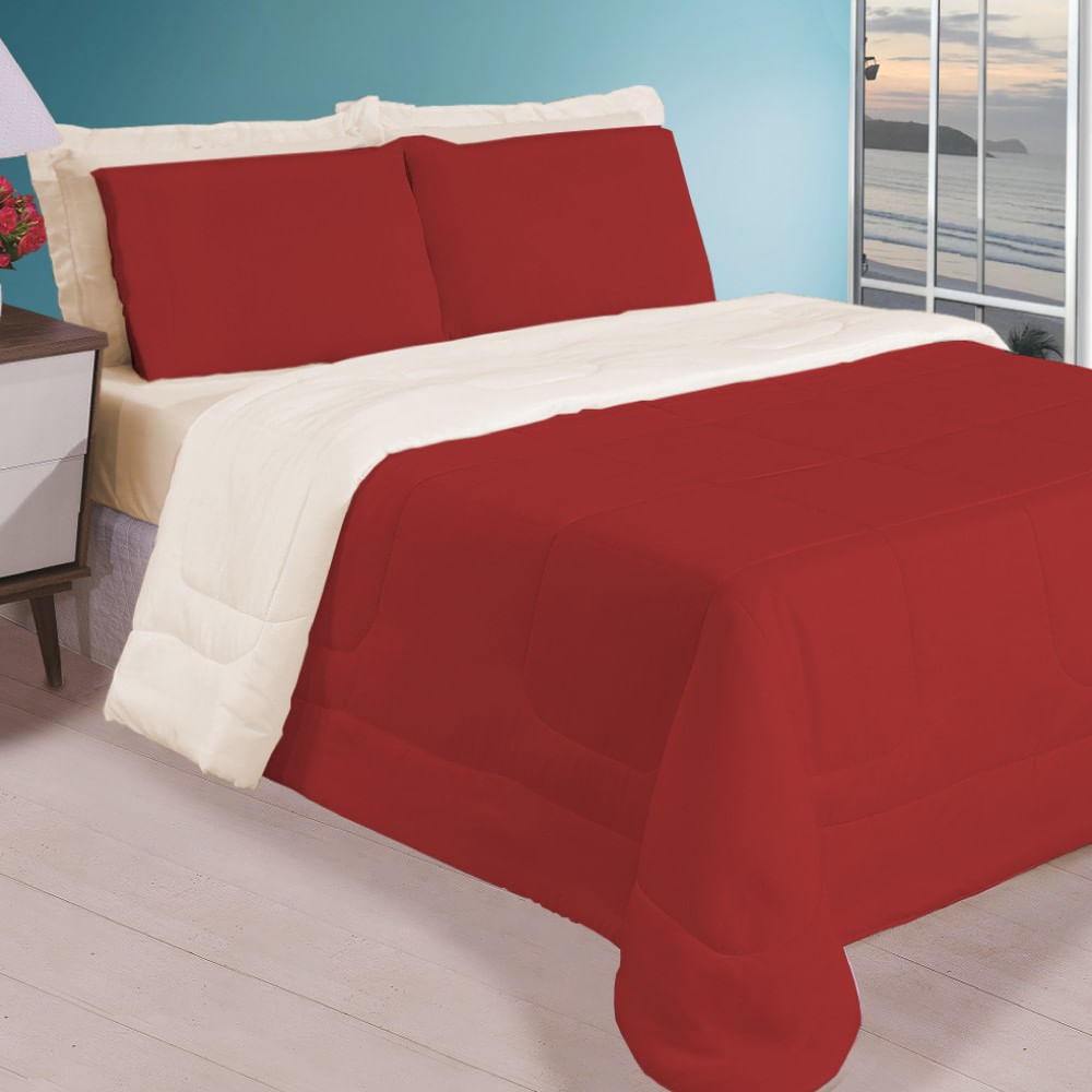 Kit 6 Pçs Aconchego Dupla Face Casal Queen Vermelho E Palha