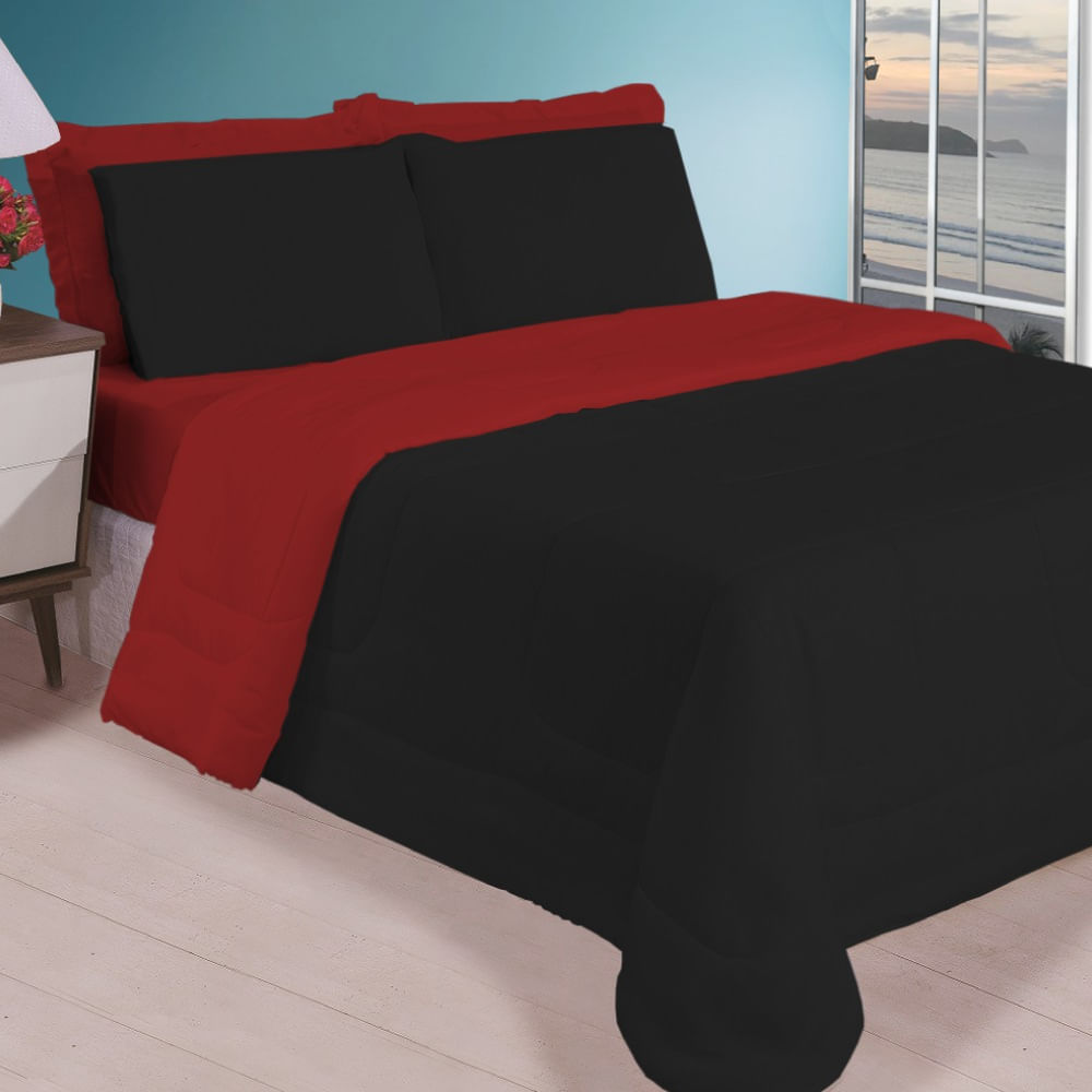 Kit 5 Pçs Aconchego Dupla Face Queen Preto E Vermelho