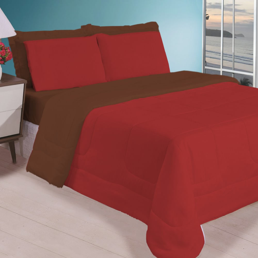 Kit 5 Pçs Aconchego Dupla Face Queen Preto E Vermelho