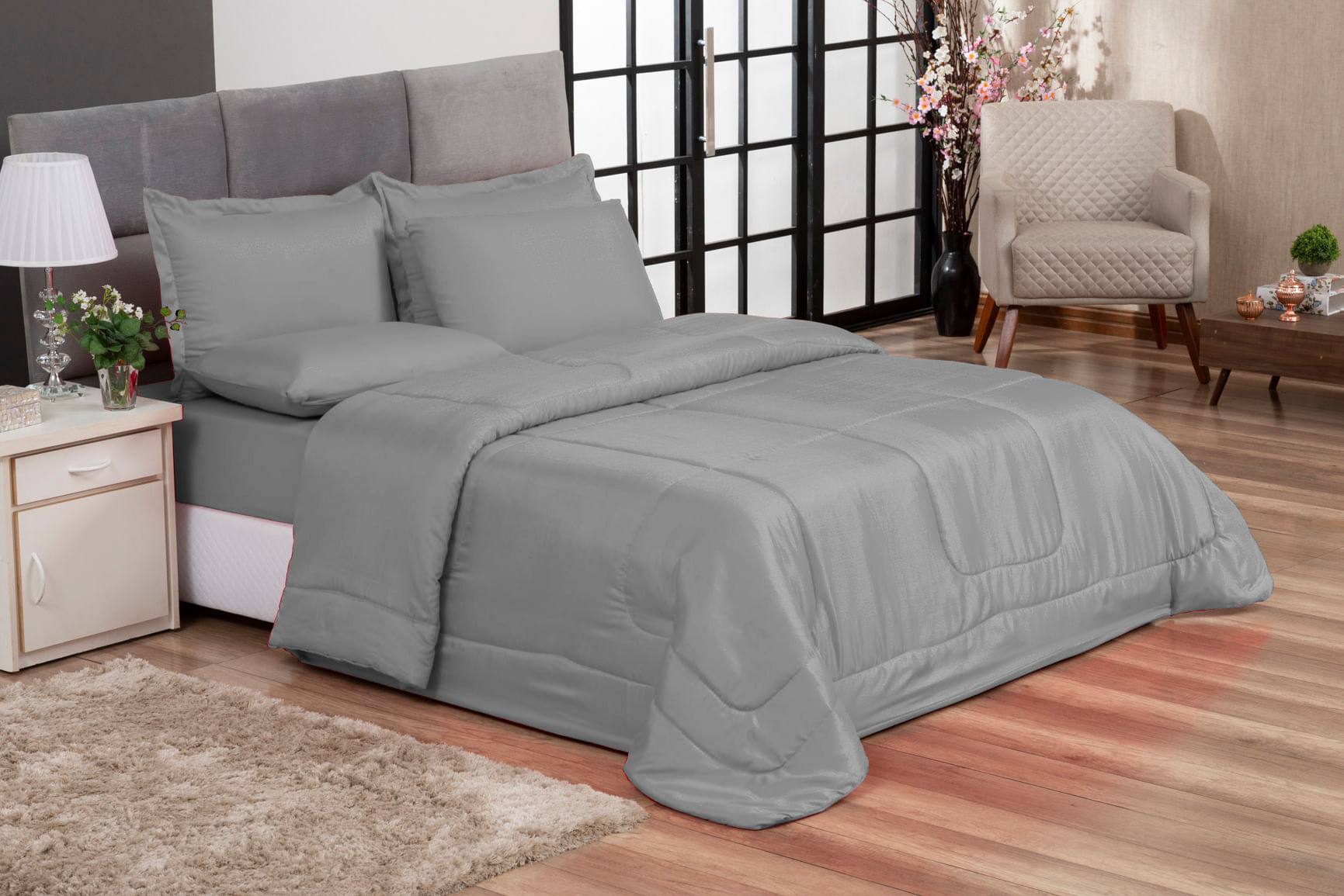 Jogo de Cama Primor Queen Kit 6 Pçs Cinza Casa Dona