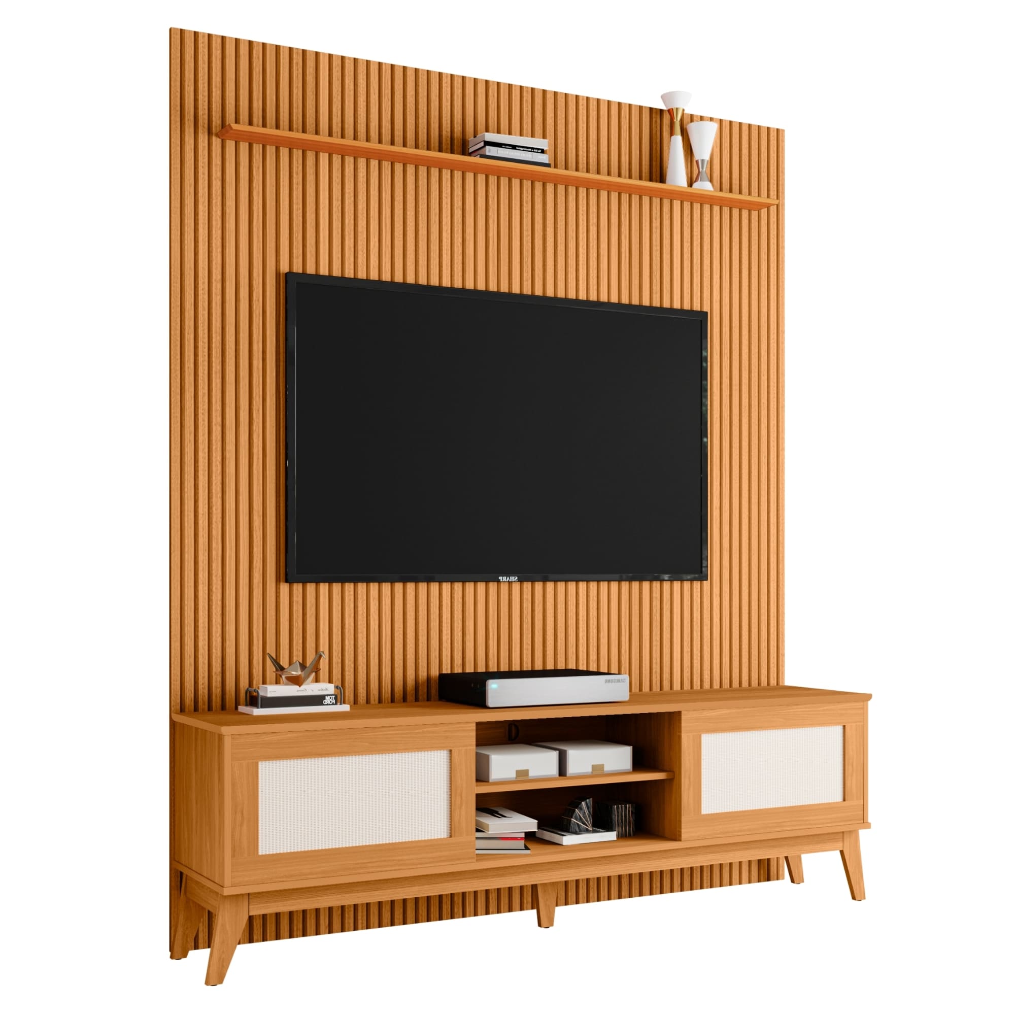 Rack Bancada Cairo Com Painel Para Tv Até 75 Polegadas 1,80m Egeo Cedro Ripado Impressão 3d Edn