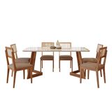Conjunto De Mesa Retangular Com Tampo De Vidro Caju E 6 Cadeiras Palmas Linho Marrom E Cinamomo