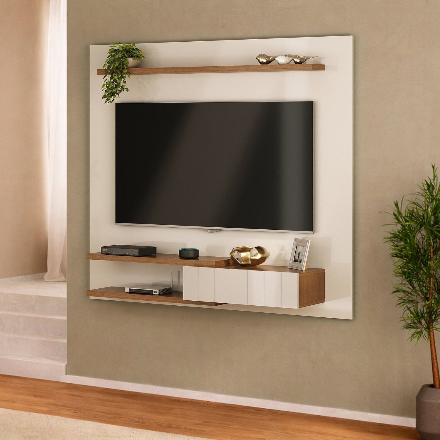 Painel Para Tv 55 Polegadas Com Porta E Suporte Monza Cinamomo/Off White