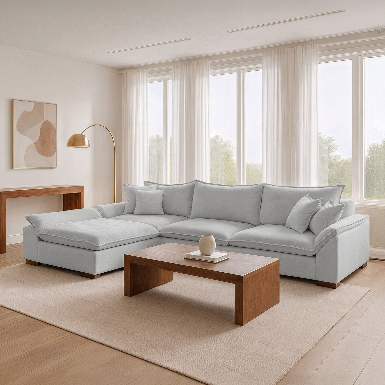 Sofá Modulado Com Chaise Base Em Madeira Maciça Dominique Cinza