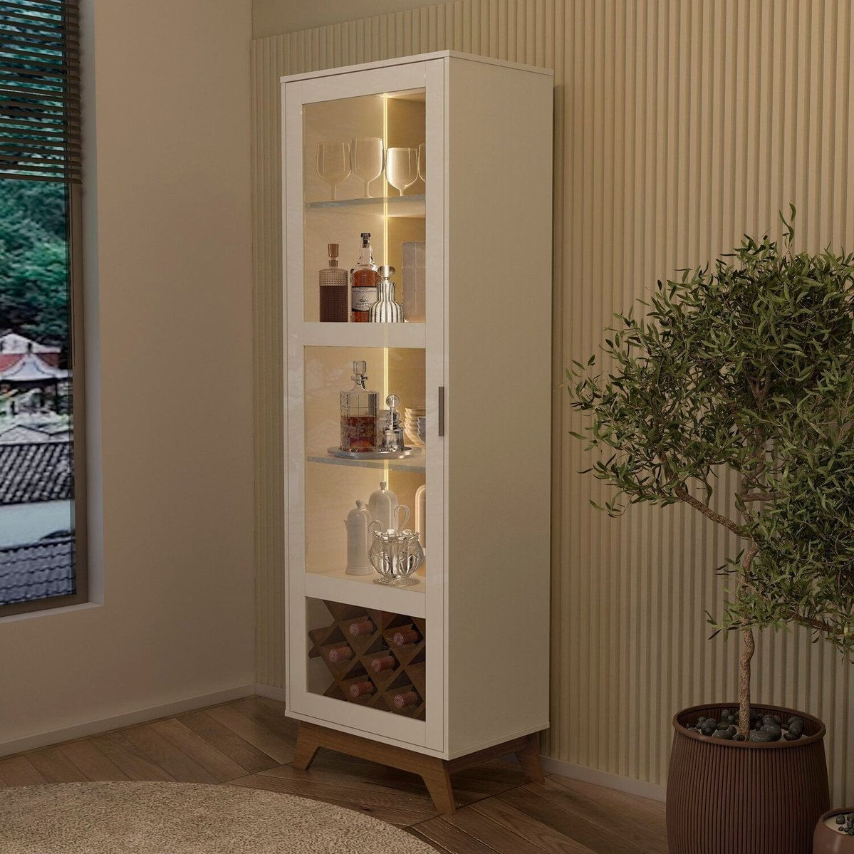 Cristaleira Com Led E Espelho Mirage Off White/cinamomo