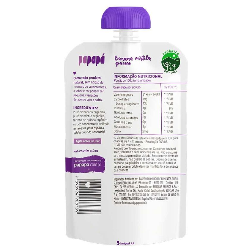 Papinha Orgânica Banana, Mirtilo E Quinoa Papapa 100gr - imagem 2