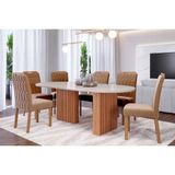 Conjunto: Mesa Sala Jantar Ester Tampo Madeirado Oval C/ Vidro 210x100cm E 6 Cadeiras Paola Cinamomo/Off White - Carvalho/Suede Nude Bege Cimol