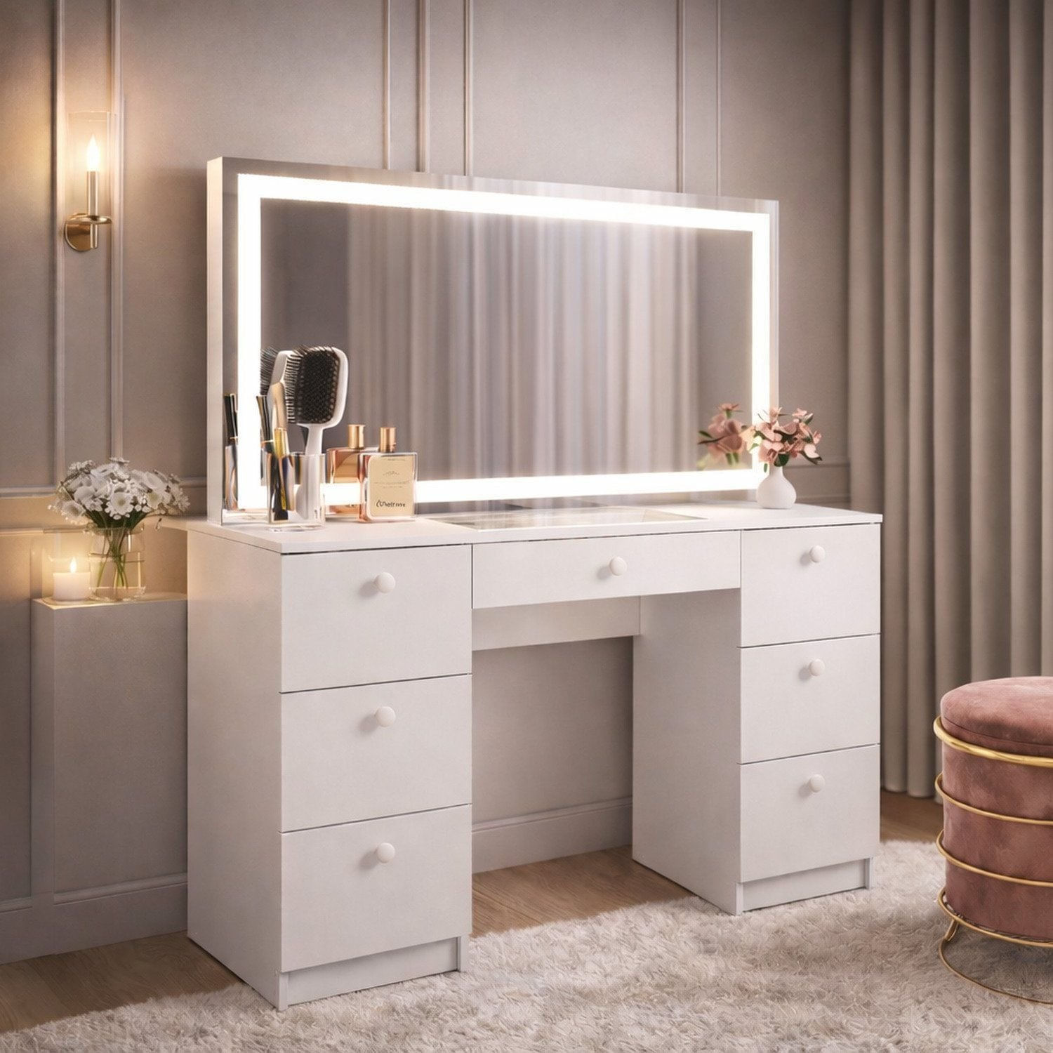 Penteadeira Para Quarto Com Led 7 Gavetas Iris Branco