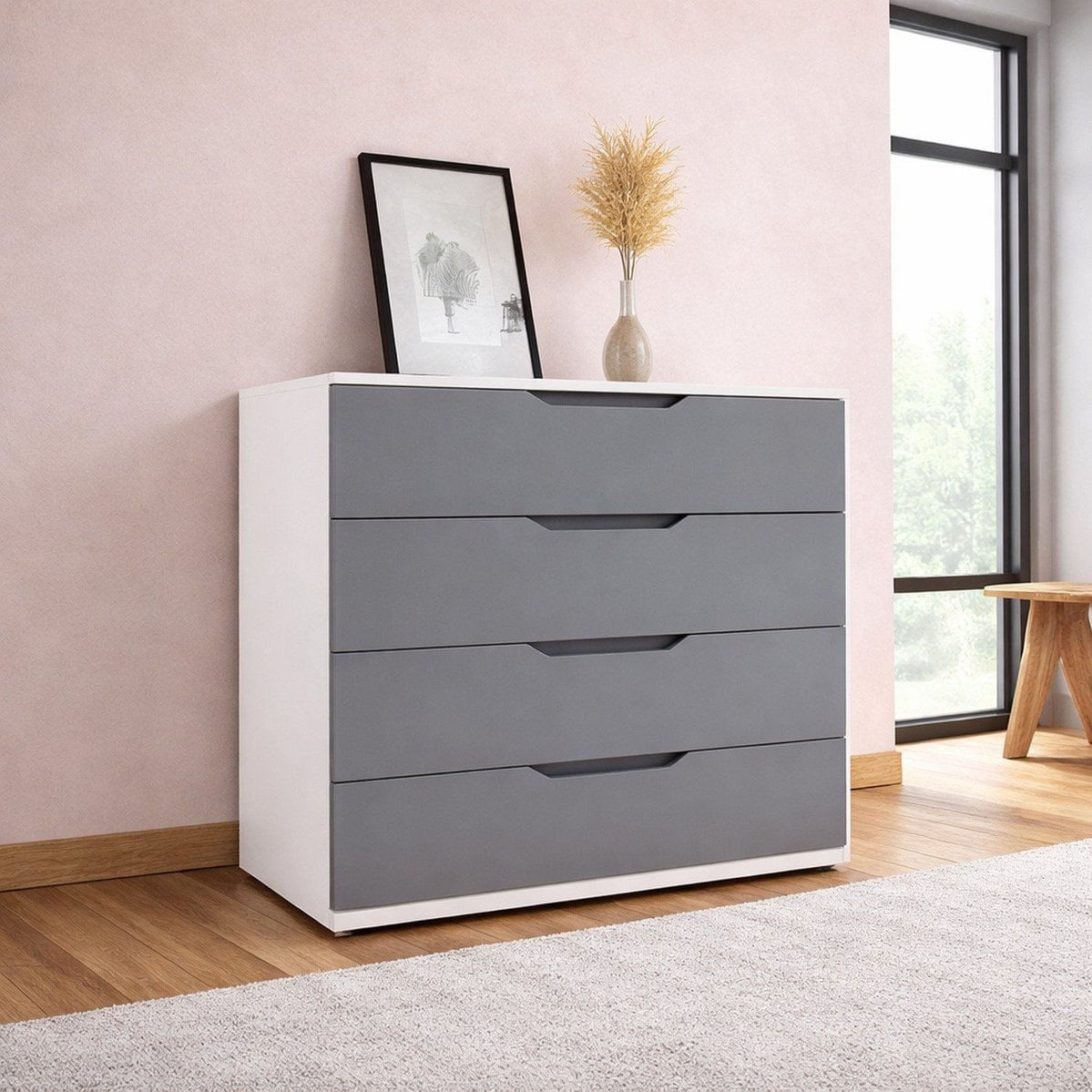 Cômoda Para Quarto 4 Gavetas 90cm Madri Cinza/Branco