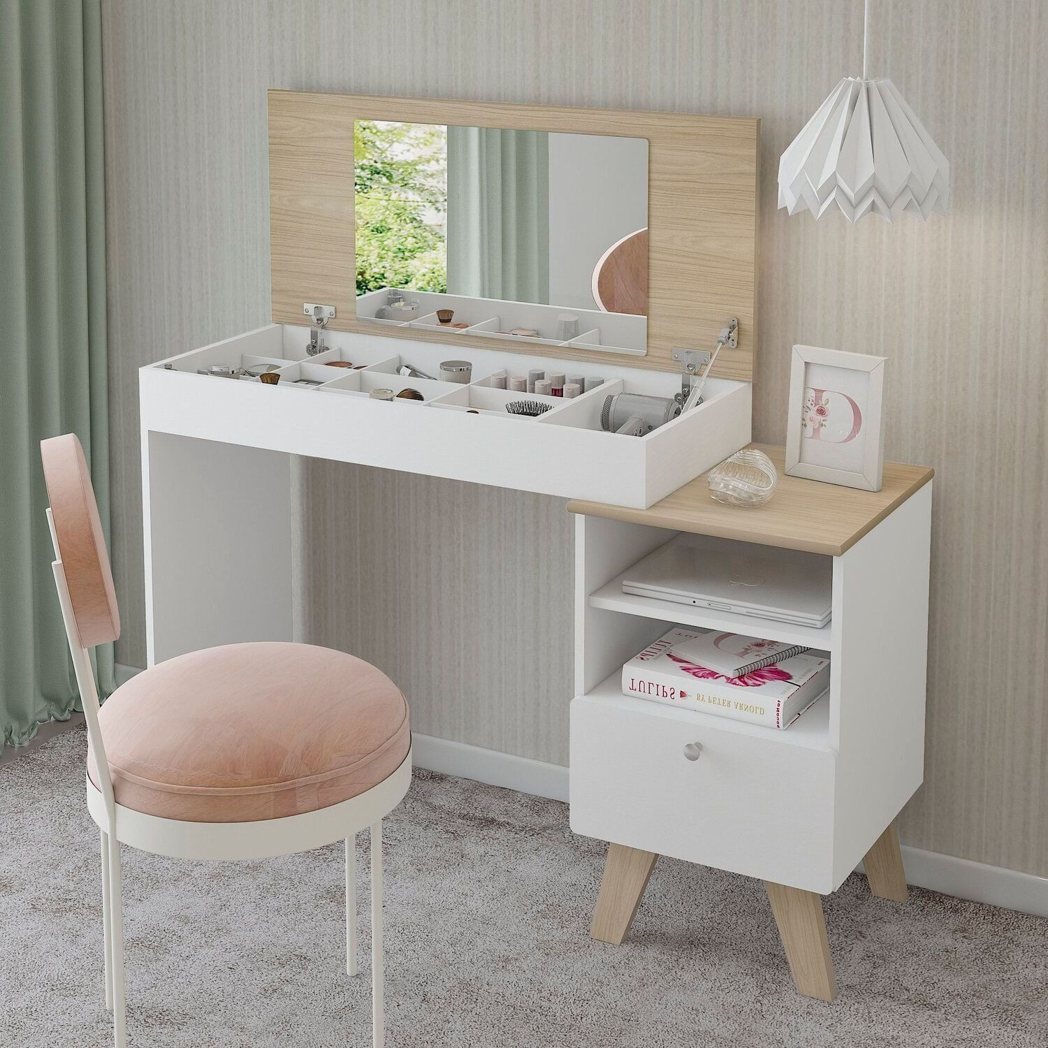Penteadeira Escrivaninha Com Nichos E Com Espelho Dora Naturale/Branco