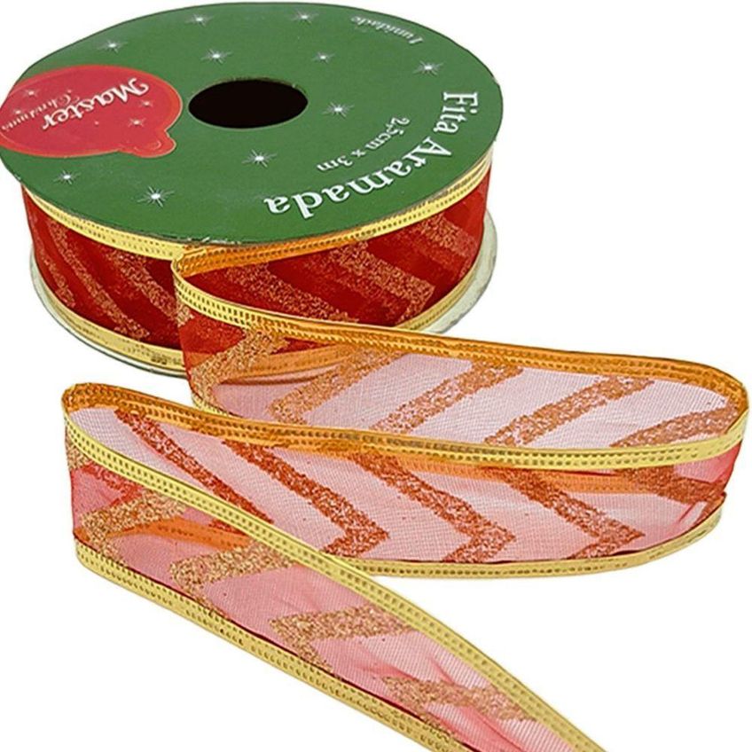 Rolos Fitas Aramada Enfeite Natal Gliter 2,5cm 3m Kit 12pçs - imagem 2
