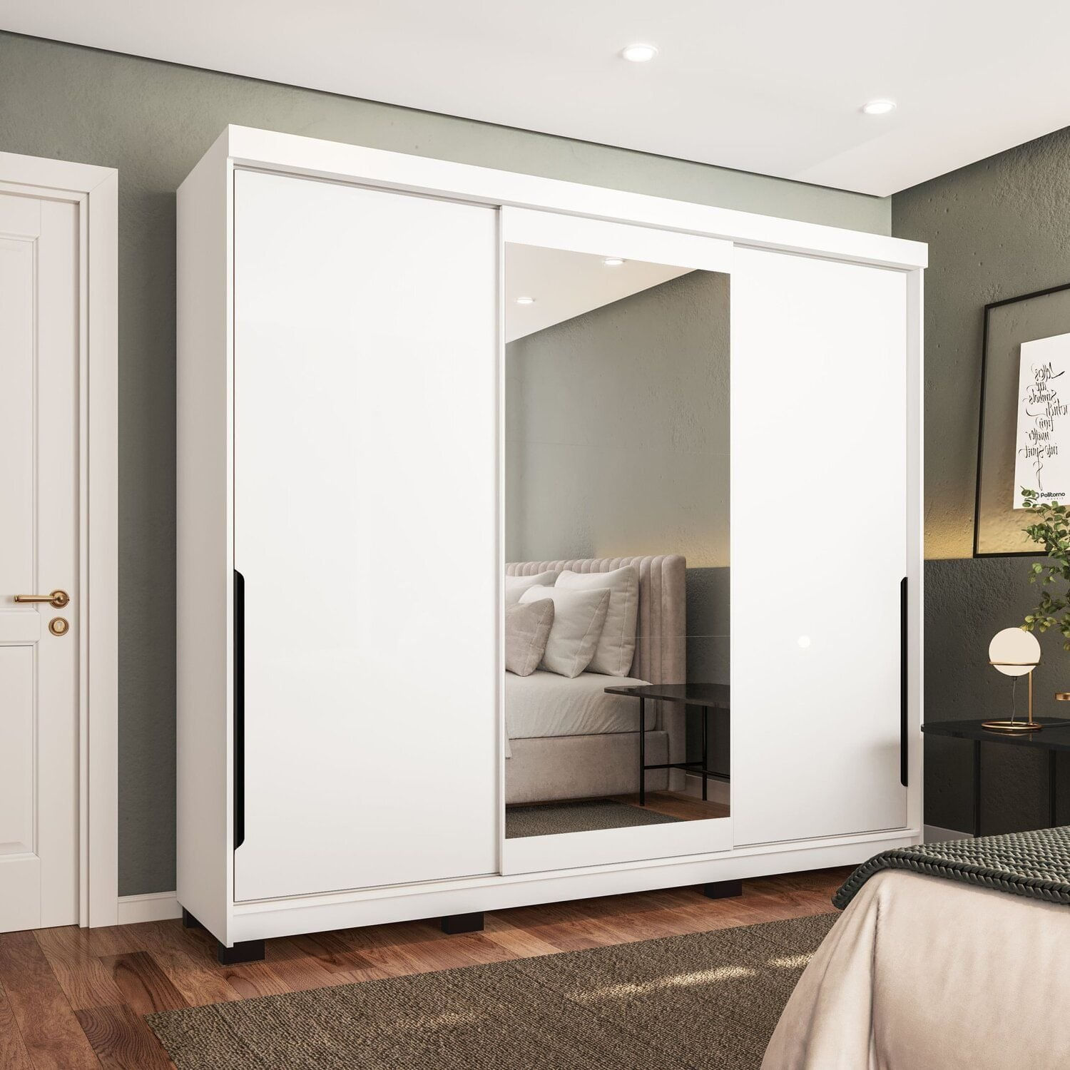 Guarda-Roupa Casal 3 Portas Correr Com Espelho Madrid Branco