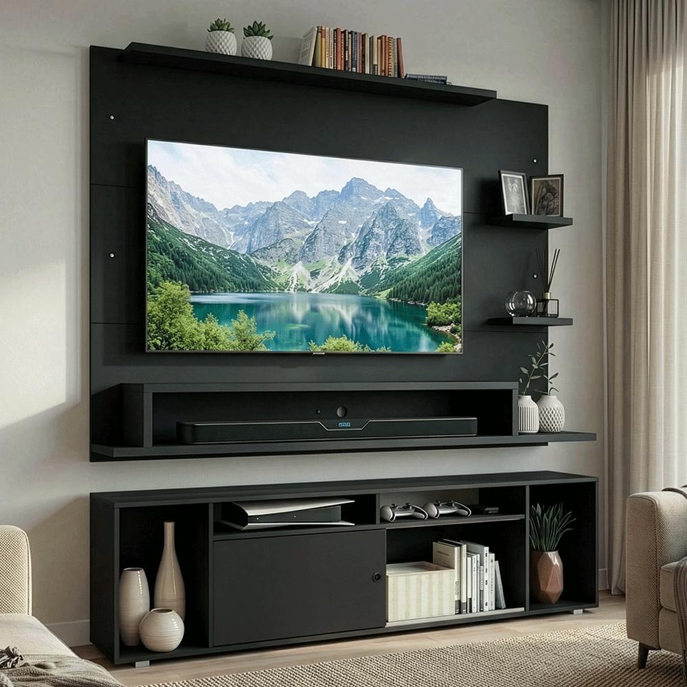 Rack Com Painel Para Tv Até 60 Polegadas 180 Cm Preto Cancun Madesa
