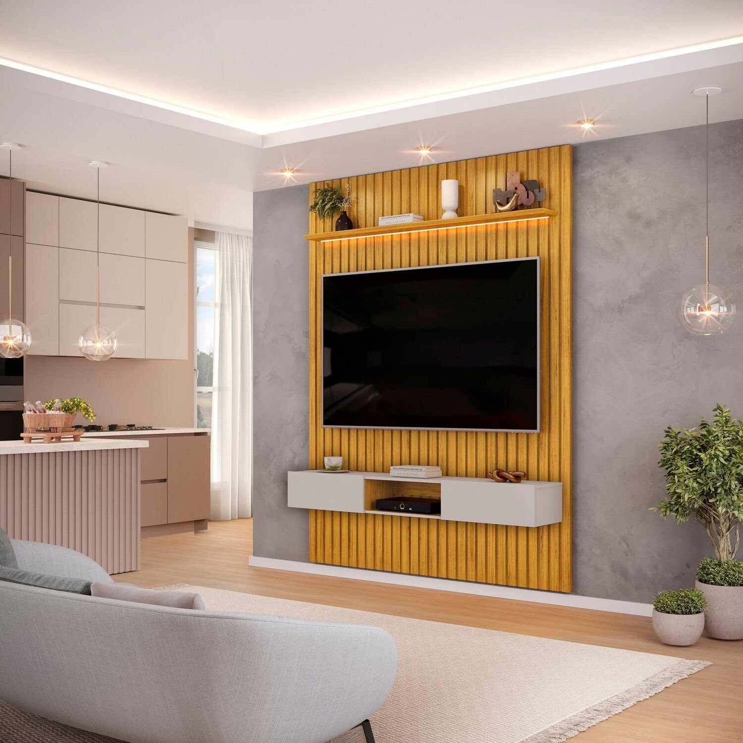 Painel Para Tv Até 60 Polegadas Ripado Com Led 183cm Trento Cedro/bali