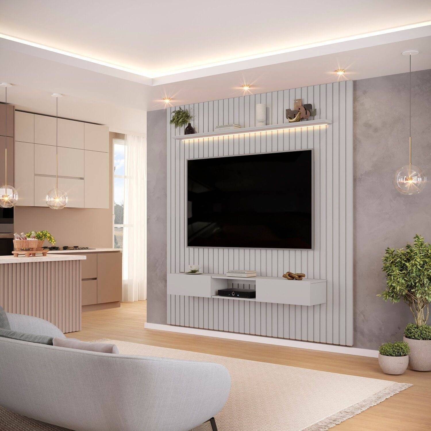 Painel Para Tv Até 60 Polegadas Ripado Com Led 223cm Trento Bali