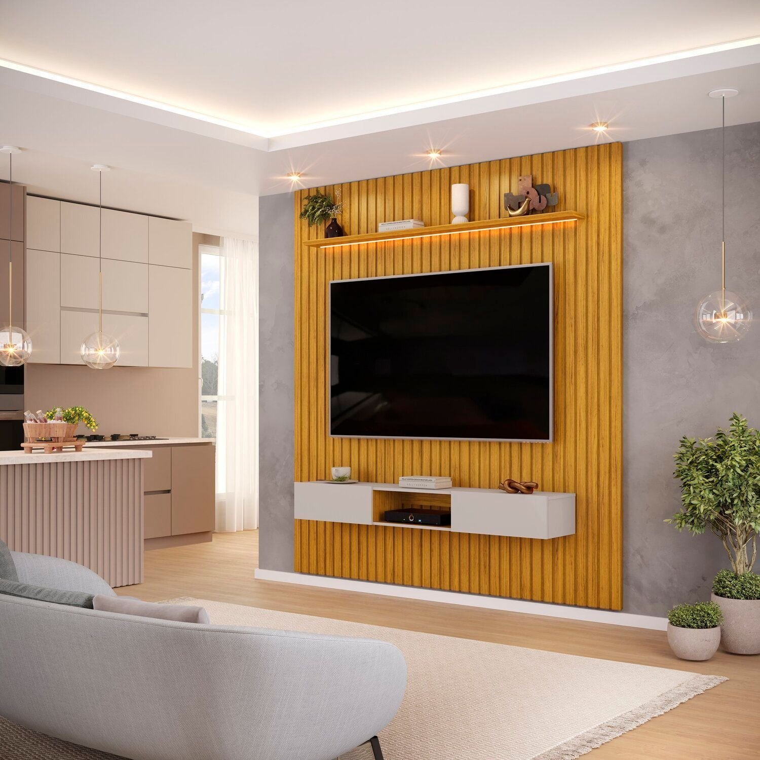 Painel Para Tv Até 60 Polegadas Ripado Com Led 223cm Trento Cedro/bali