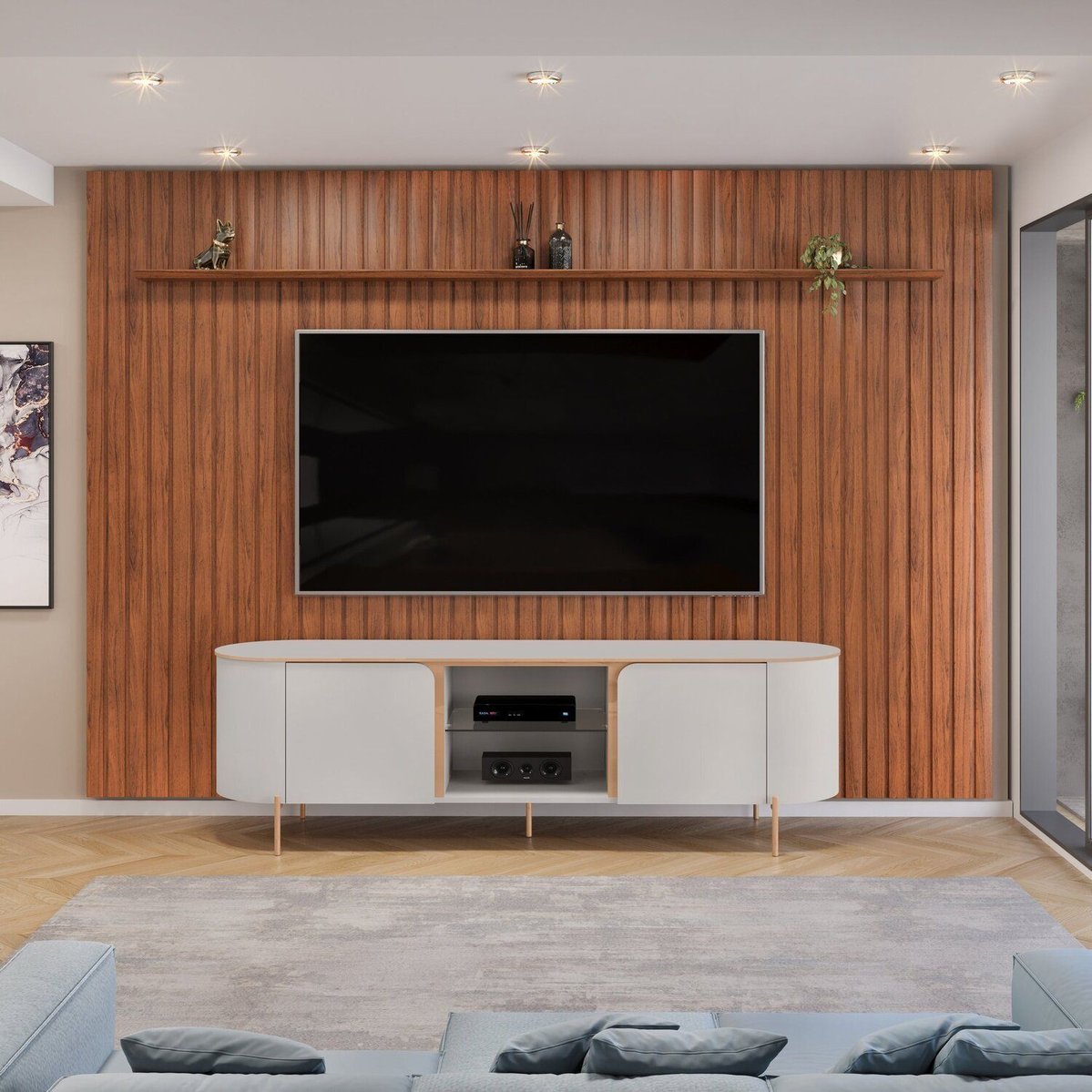 Rack Adele 180cm Com Painel Para Tv 75 Polegadas Ripado 275cm Trento Freijó/bali