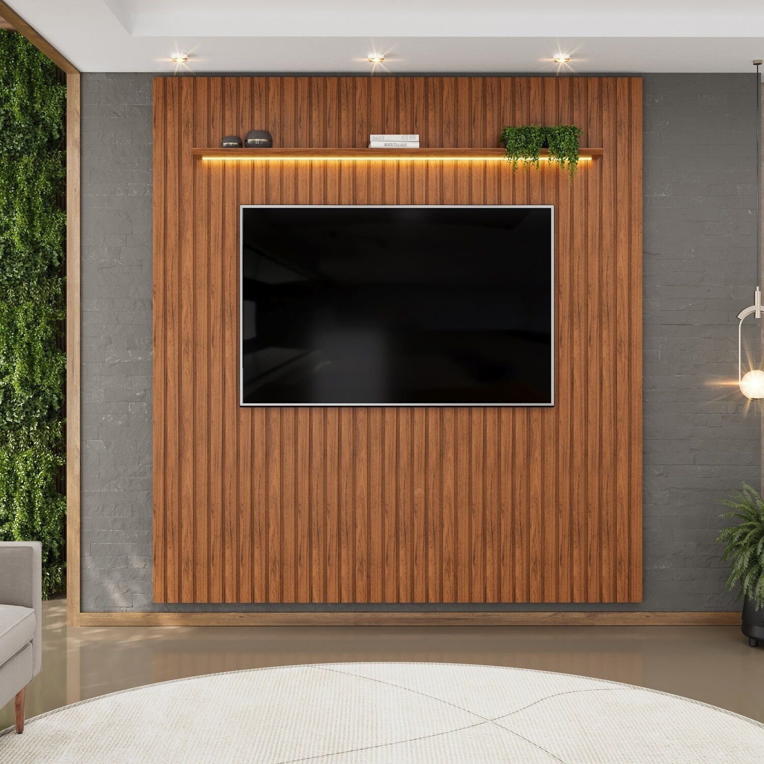 Painel Para Tv Até 75 Polegadas Ripado Com Led 223cm Trento Freijó